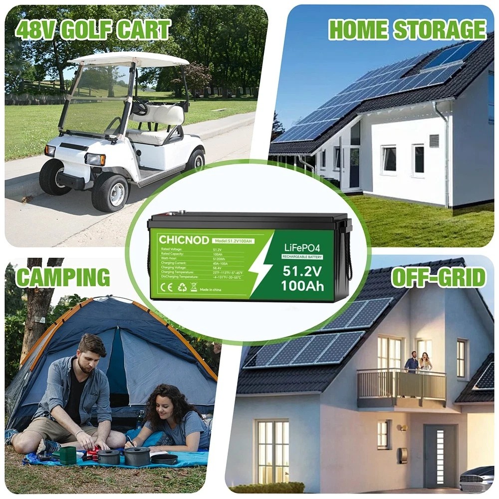 CHICNOD 48V100Ah LiFePO4 Bluetooth Battery w/ 58.4V 20A Charger for Golf Cart RV