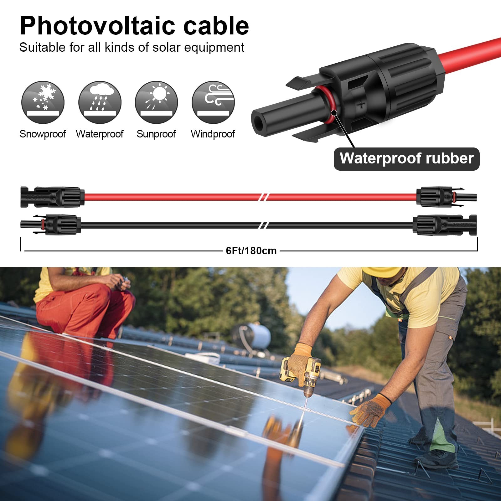 10AWG Solar Panel Extension Cable 6ft Black & Red Wire, Male/Female Connectors