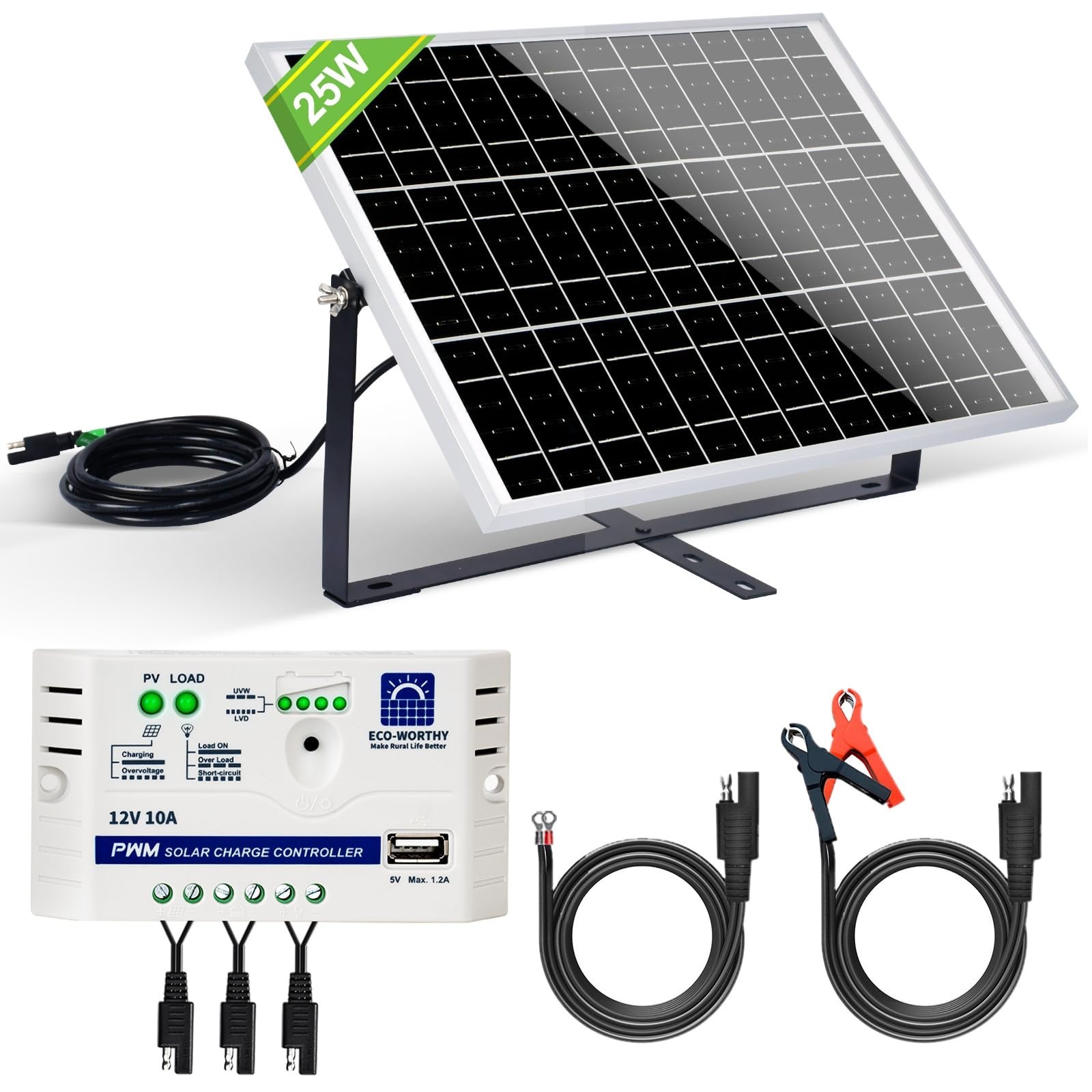 25W Solar Battery Charger Kit: Durable Monocrystalline, 10A PWM, SAE, 12V RV/Car
