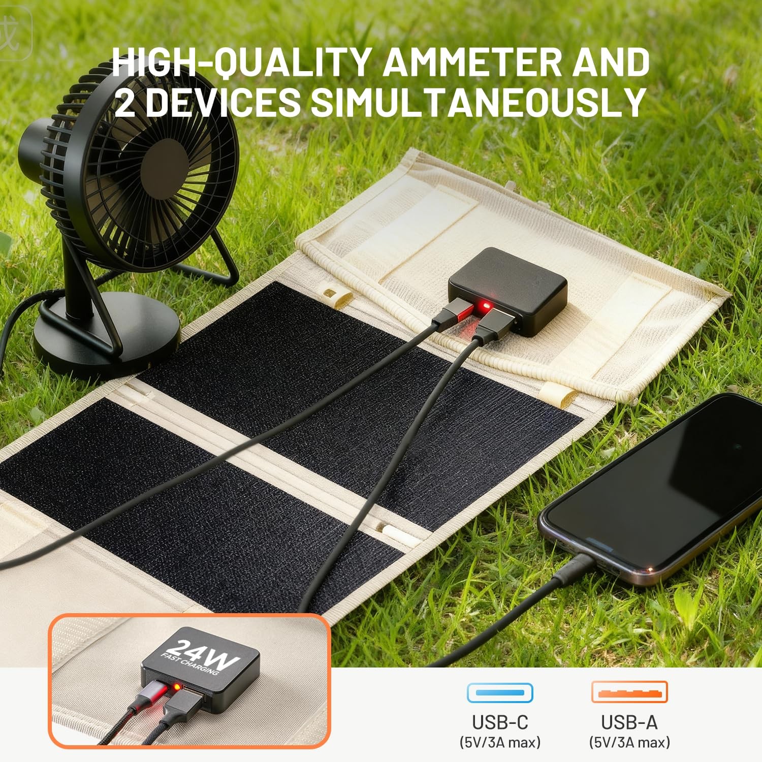 Litheli 24W Portable Solar Panel Charger Foldable Waterproof USB-C USB-A Camping