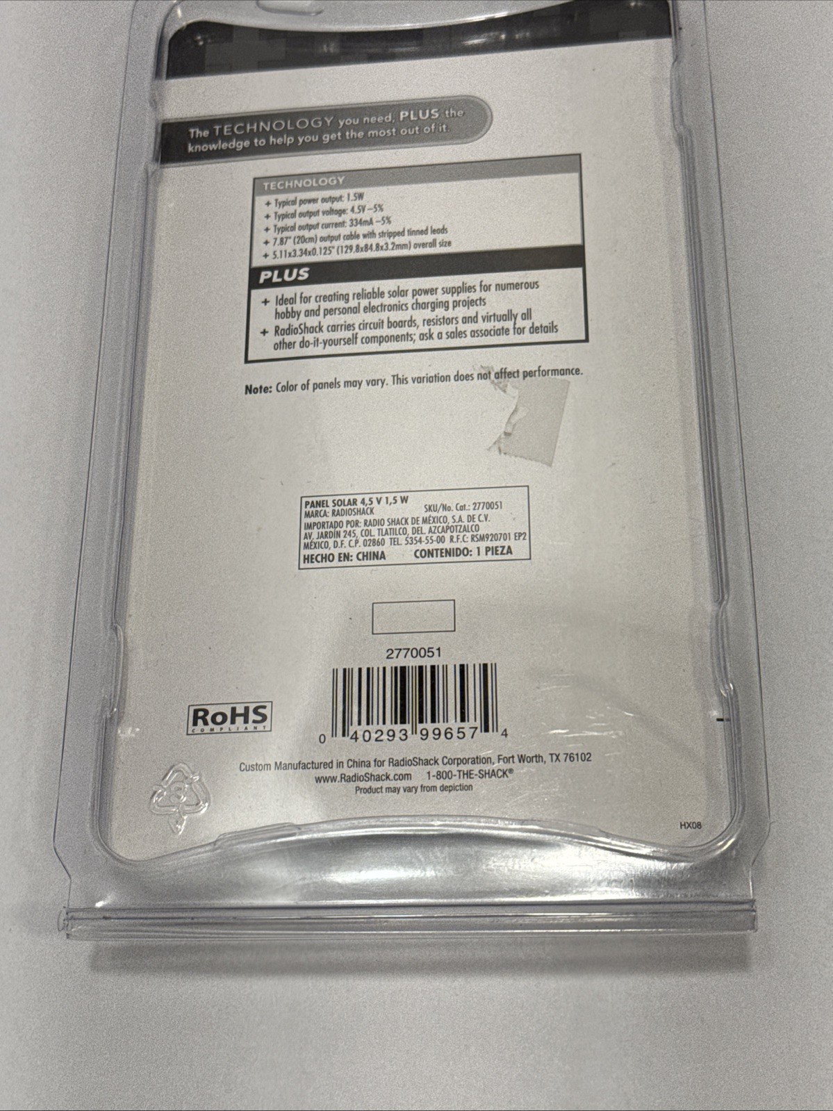 RadioShack solar panel 1.5 W 4.5 V