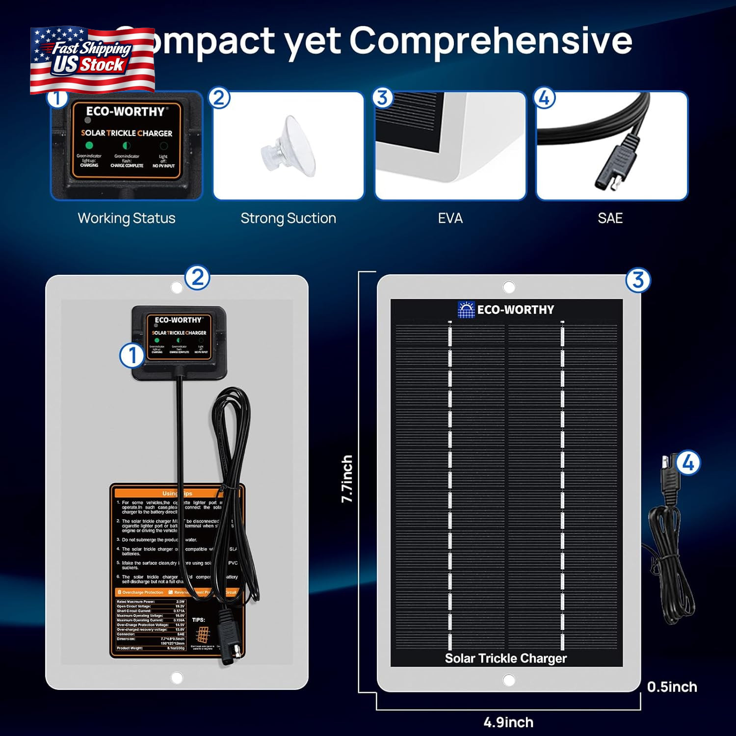 ECO-WORTHY 2.5W Solar Car Battery Charger Maintainer 12V Waterproof Solar Panel