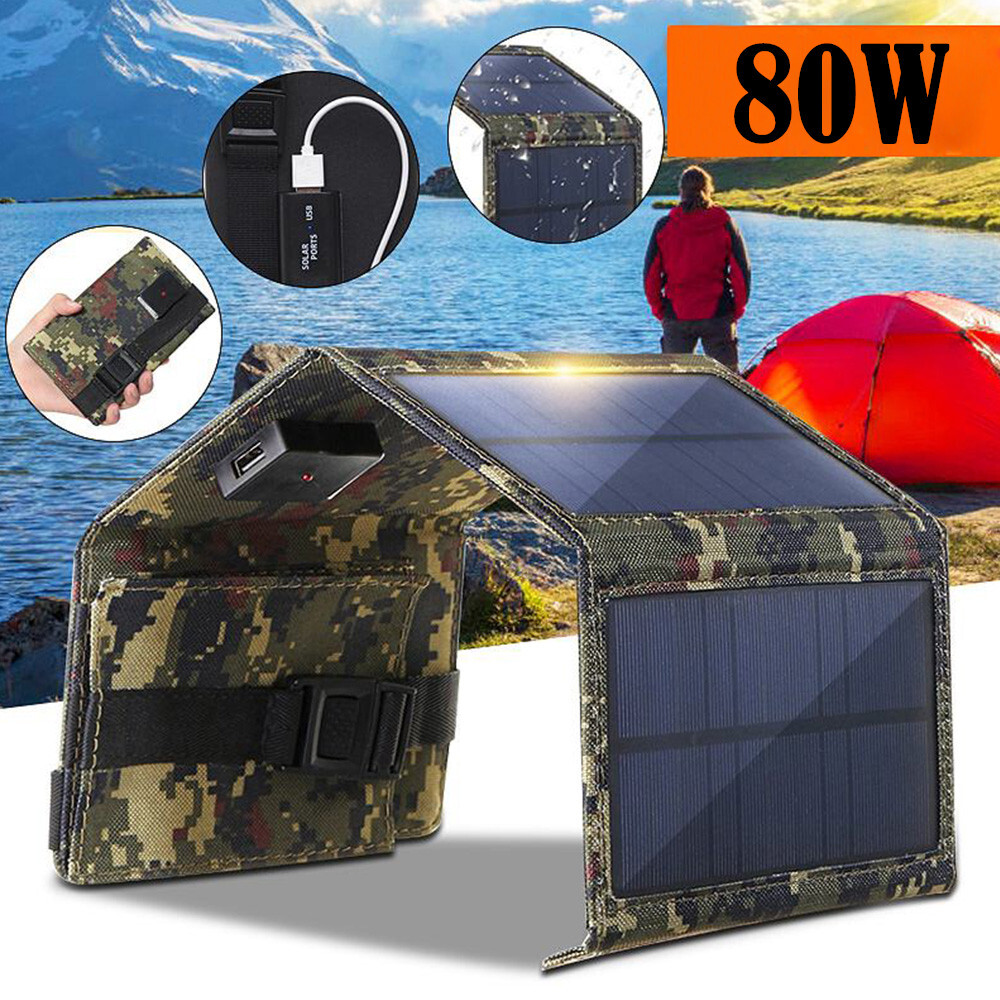 80W USB Solar Panel Folding Power Bank Outdoor Camping Hiking Phone Charger 2023