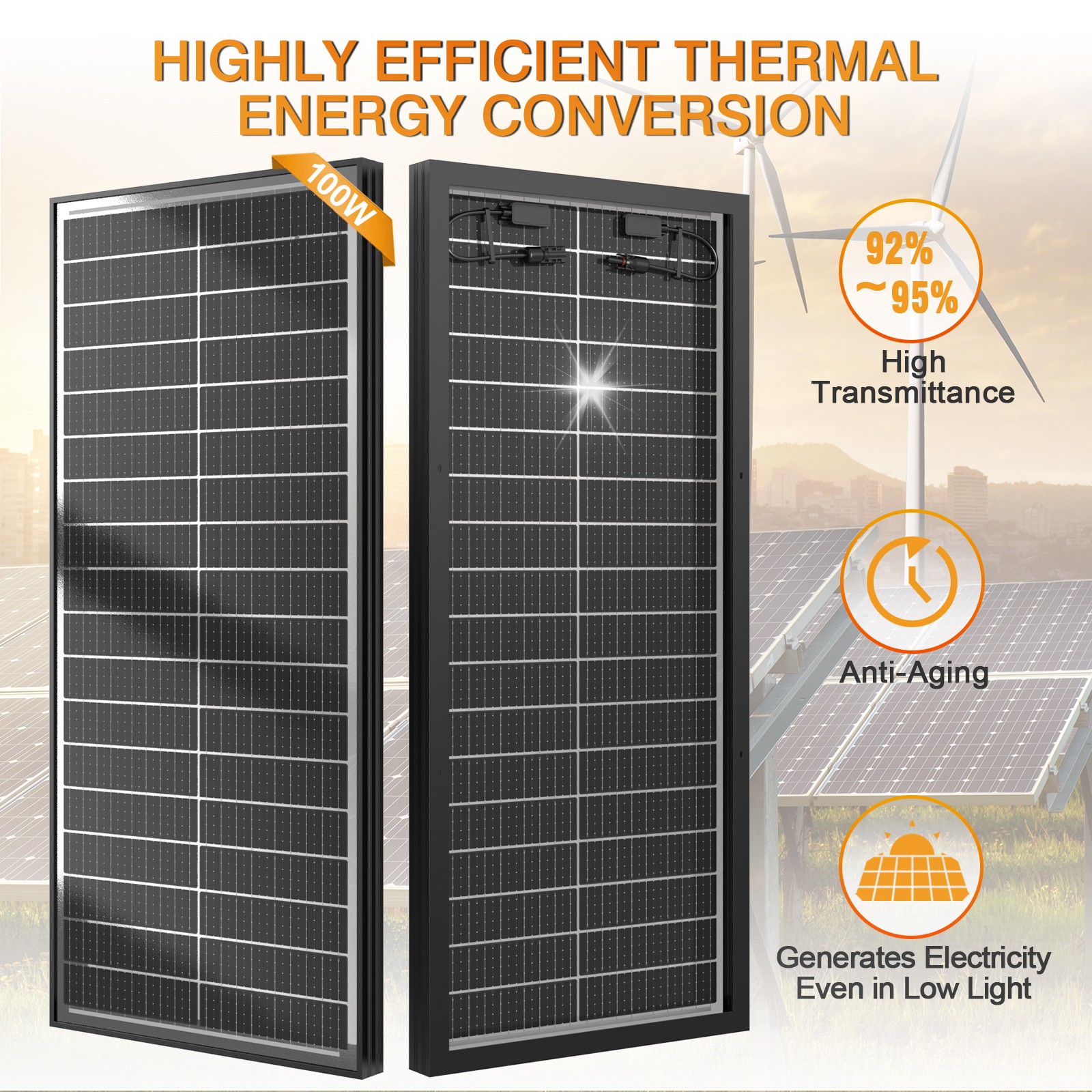 100 Watt Solar Panel Bifacial N-Type 12V Home PV Power Off-Grid RV Camper System