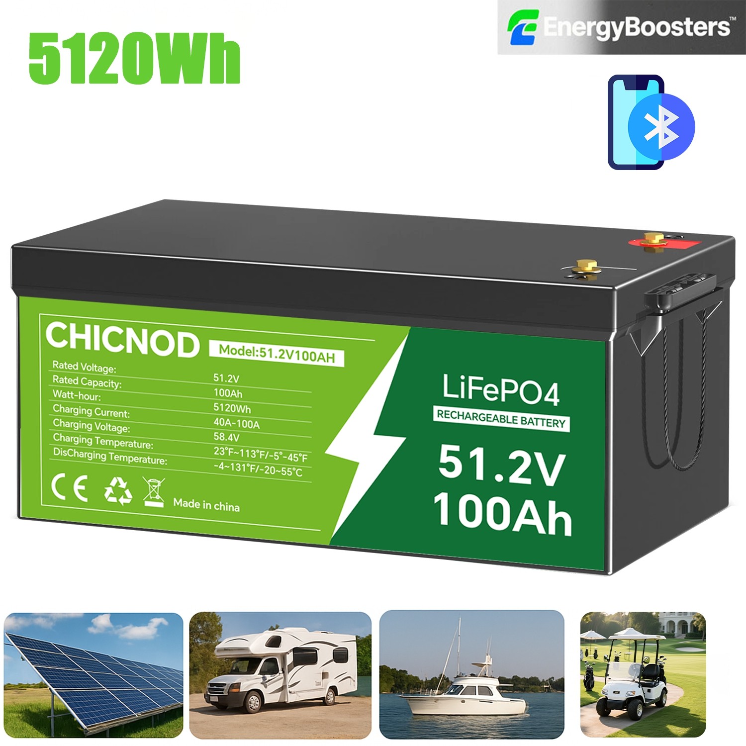 CHICNOD 48V 100Ah LiFePO4 Lithium Battery w/ Bluetooth Smart BMS For RV Off-Grid
