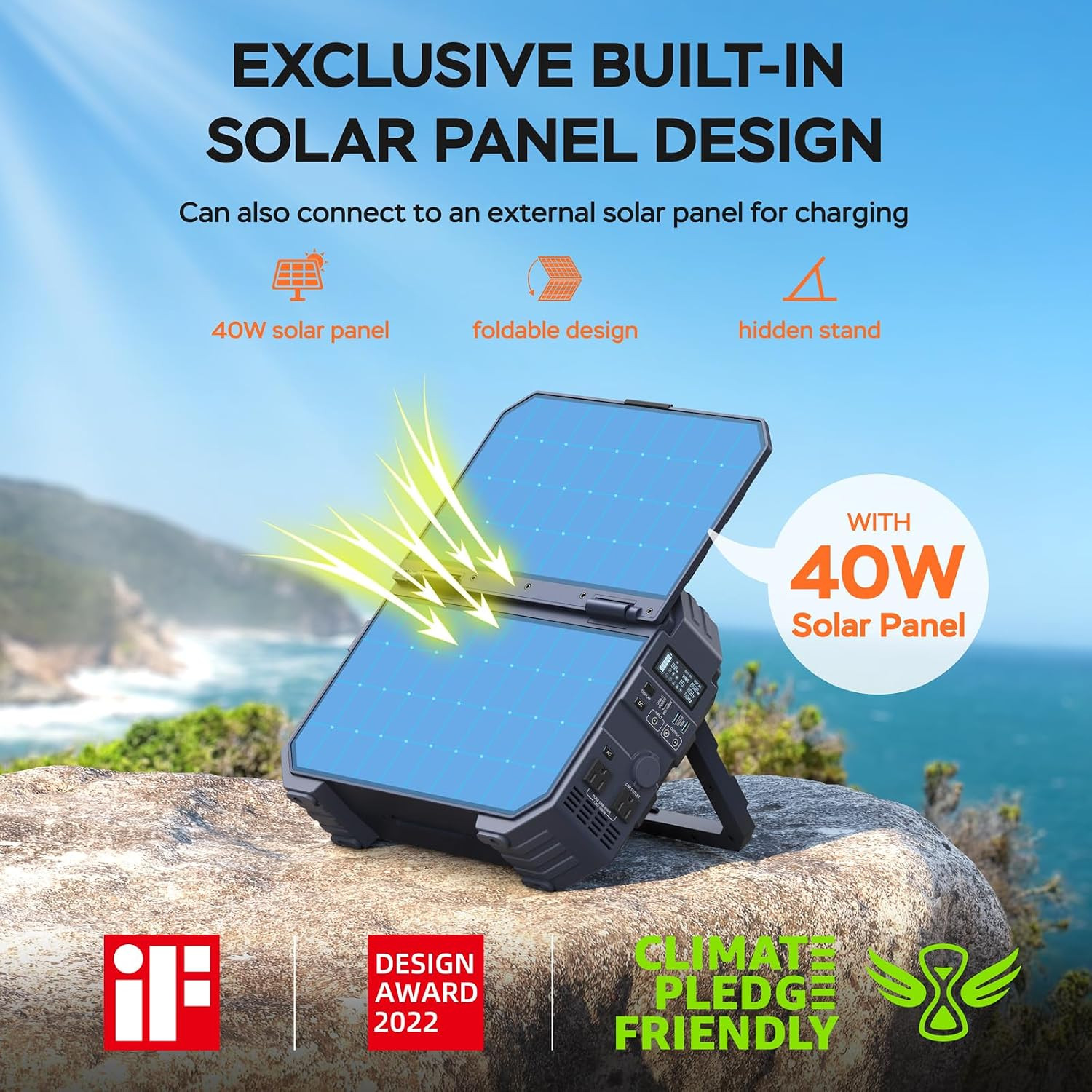Portable Power Station 1600W (Peak 3200W), Built-In Solar Panel, 1024Wh Lifepo4