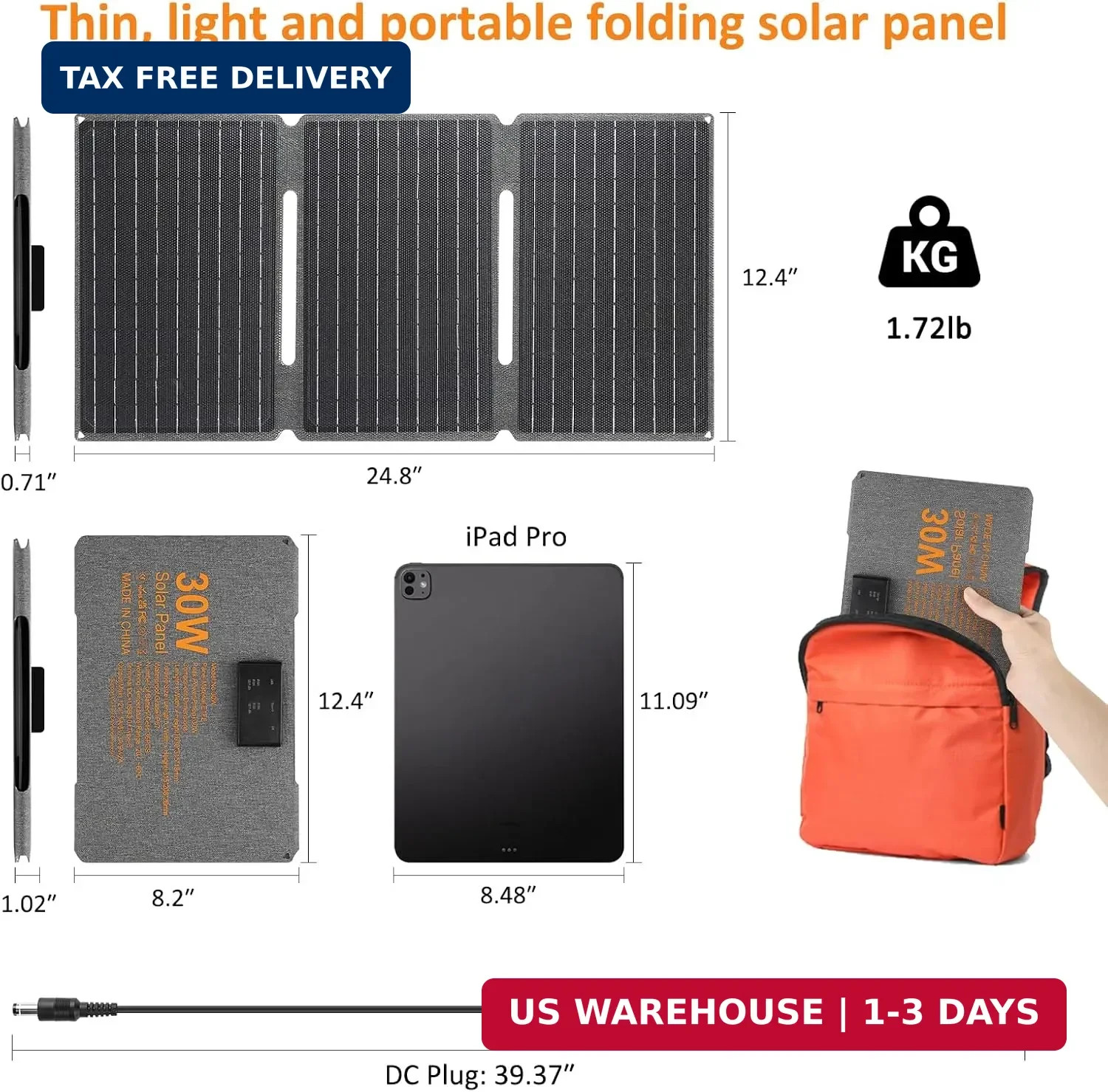 30W Foldable Solar Panel with Type-C USB 3.0 and DC Outputs 23.1% High Efficienc