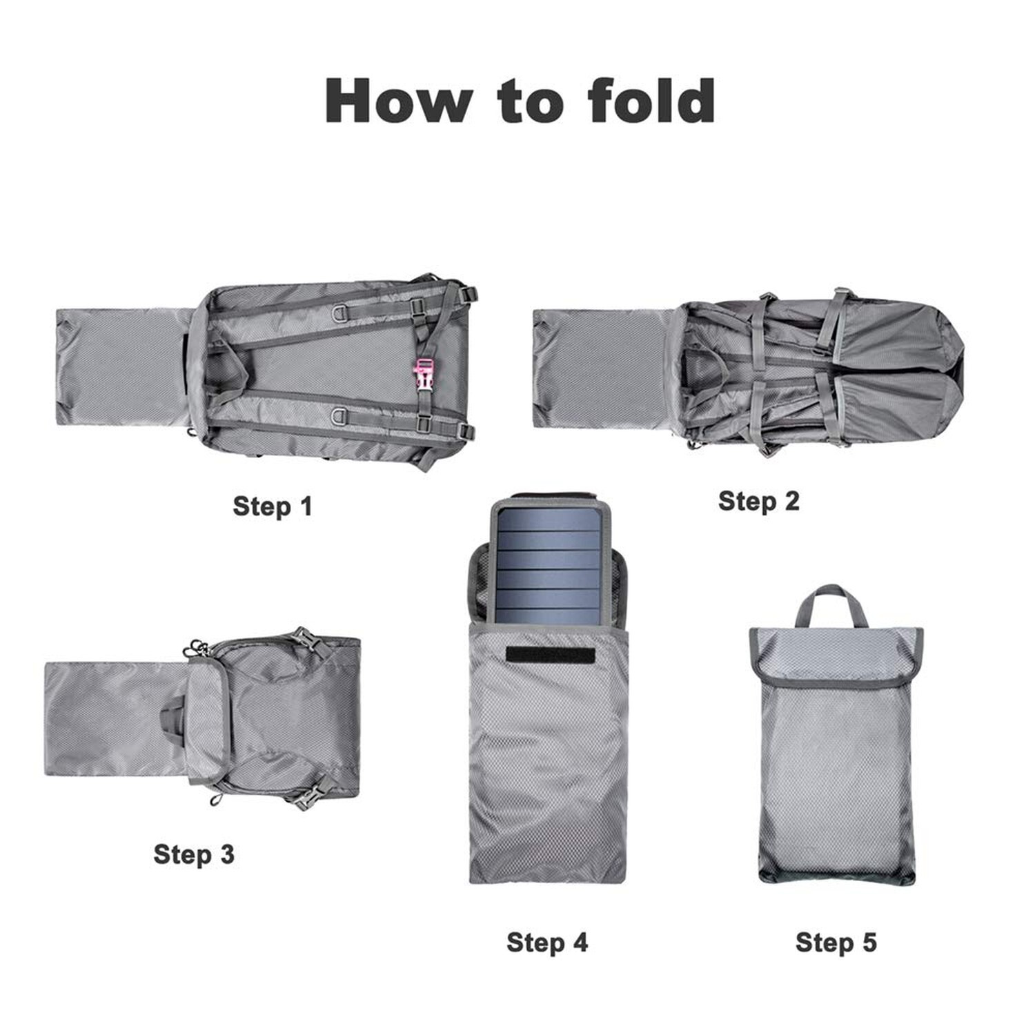 Solar Backpack Foldable Hiking Daypack With 5V Power Supply Grey
