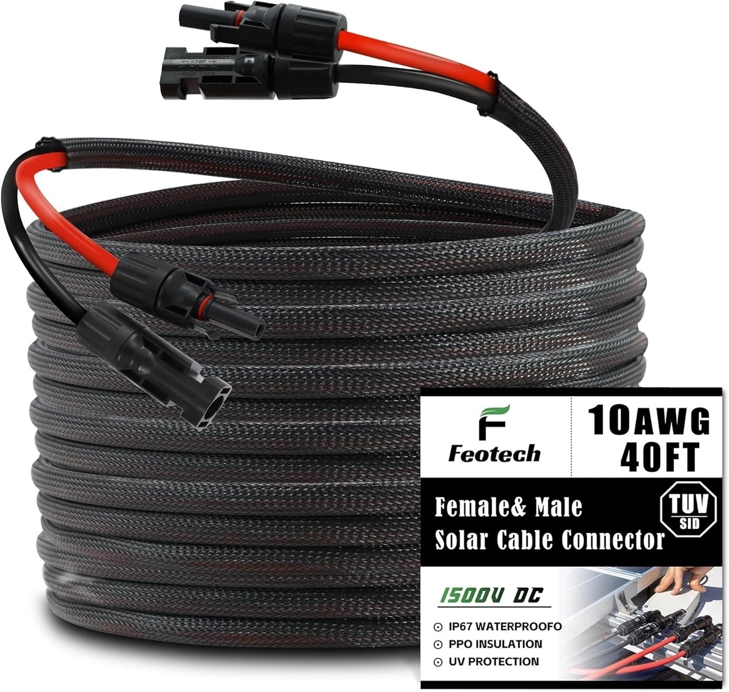 Heavy Duty 40ft 10AWG Solar Extension Cable, Braided Sleeve, MC4 Connectors