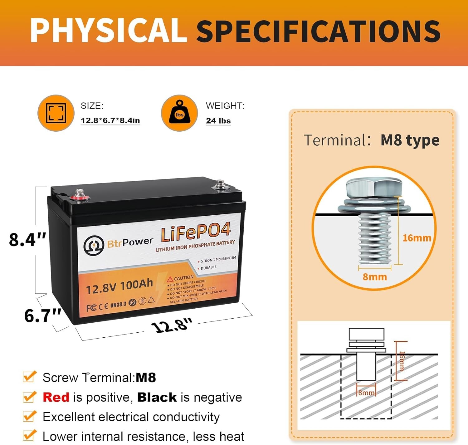 BtrPower 12V 100Ah Lithium lifepo4 Battery For RV Marine Solar System Deep Cycle