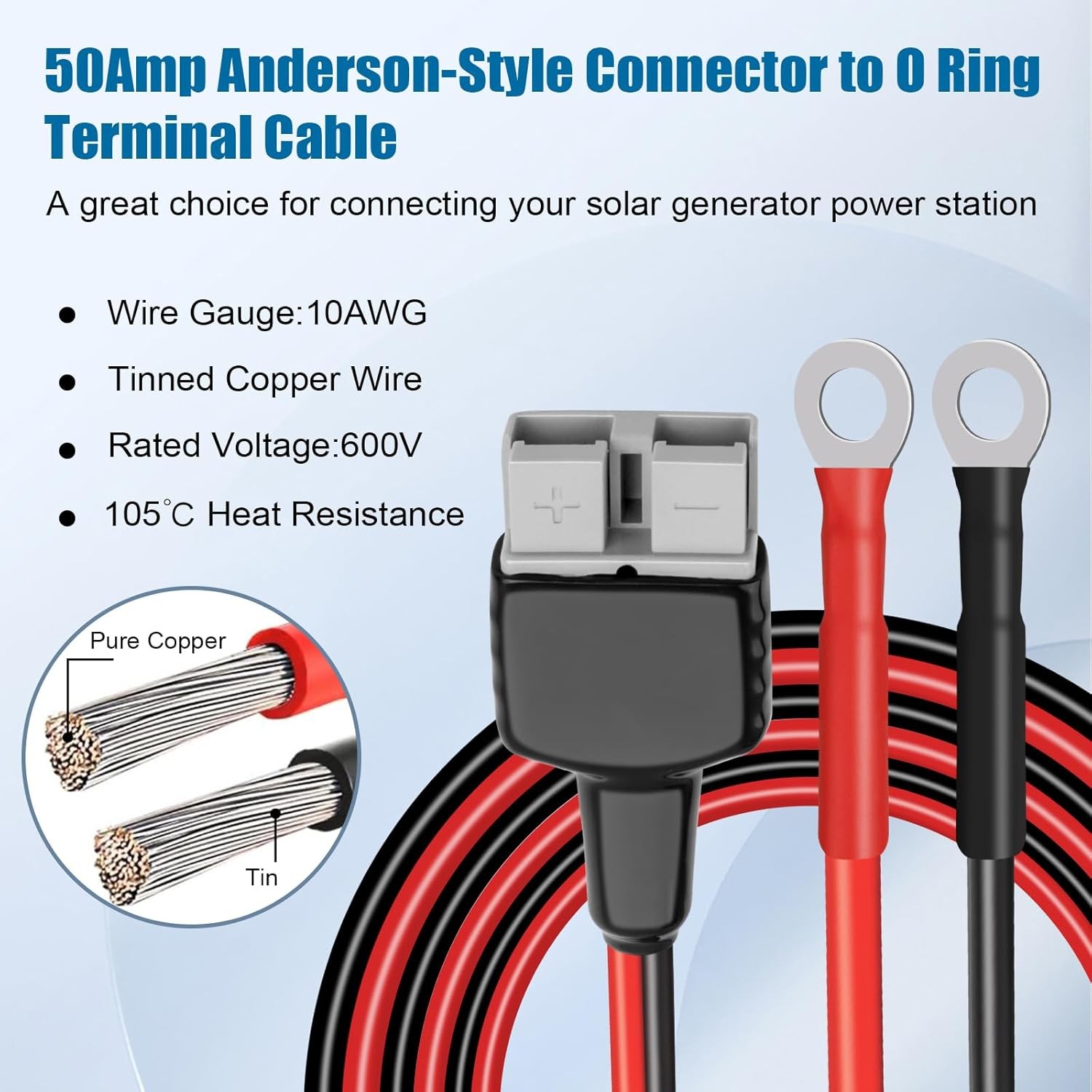 2PCS 50A Anderson Style Connector to O Ring Cable 2FT 10AWG Battery Quick Connec