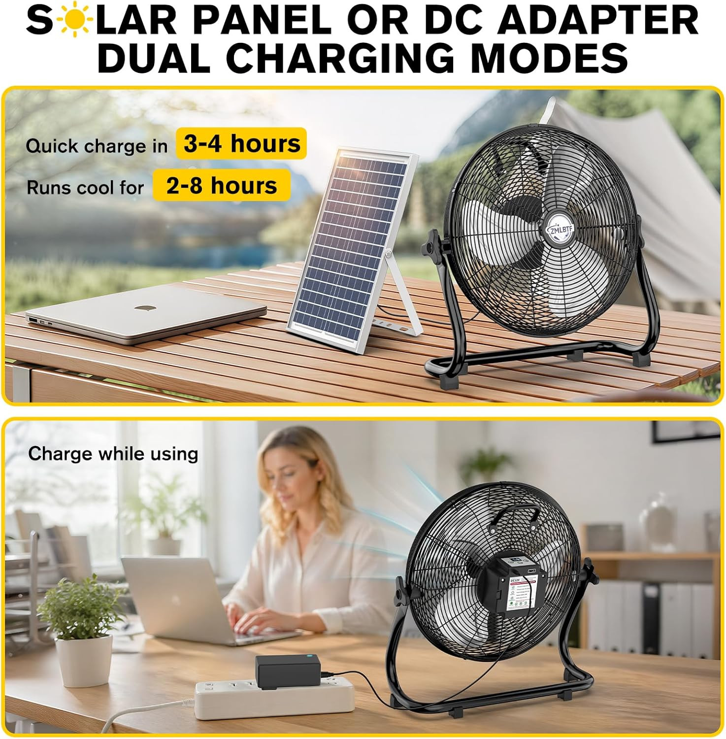 14″ Solar Powered Fan with 20W Solar Panel & Rechargeable Battery, Portable, Qui