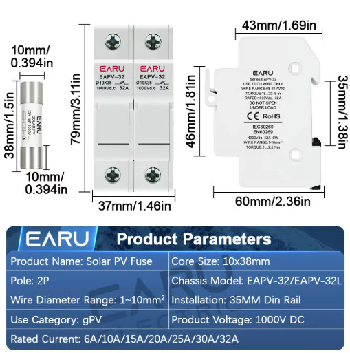 2P DC Fuse Holder 10x38mm 1000V Solar PV 6A-32A Base Protector