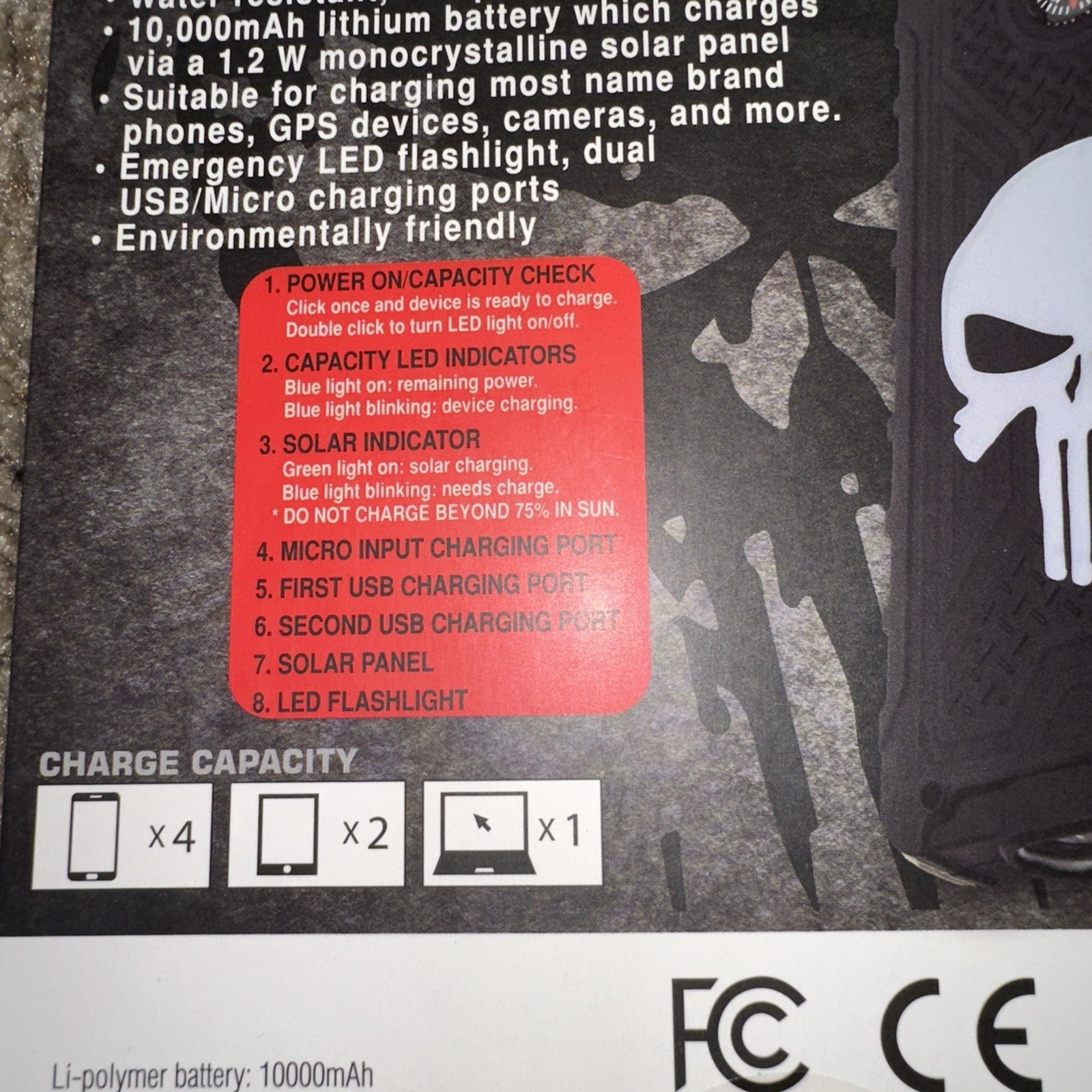 New! Solar Charger & Power Bank Trail Blazer 10,000 MAH Water Resistant Punisher