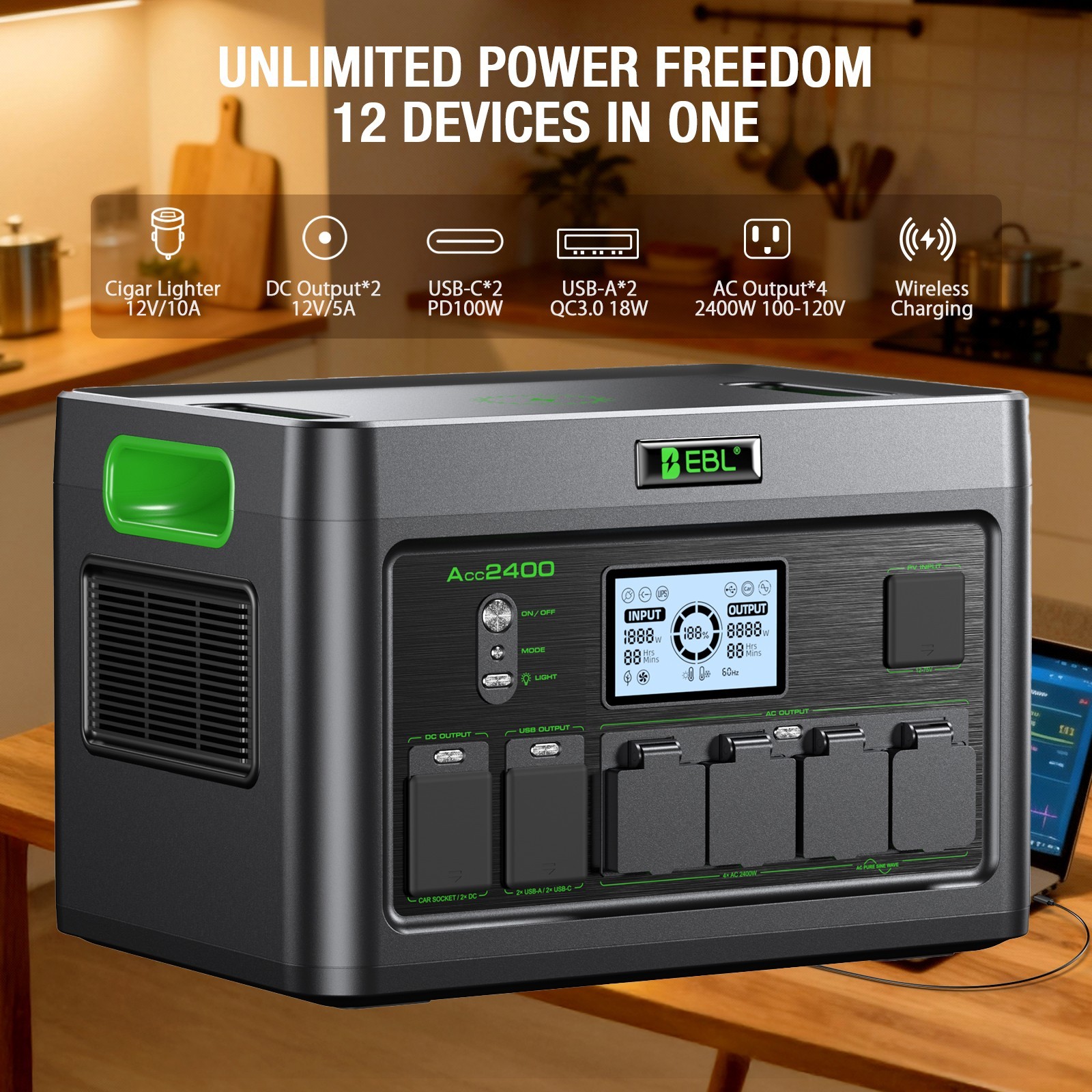 2400W Portable Power Station 1843Wh Generator ,Pure Sine Wave AC,Delta2