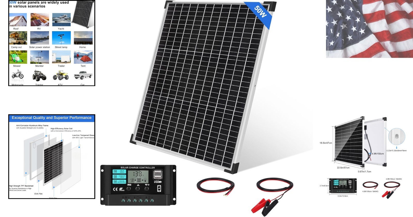 50W Solar Panel Kit with 12V/24V 10A PWM Charge Controller High Efficiency Mo…