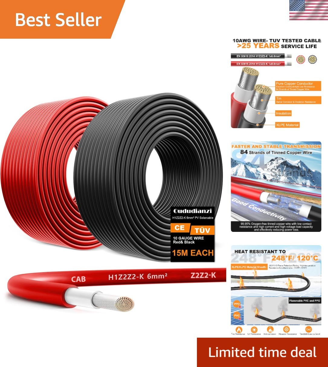 2×50 Feet Solar Panel Wire, 10AWG Solar Wire Tinned Copper 10 Gauge PV Cable,…