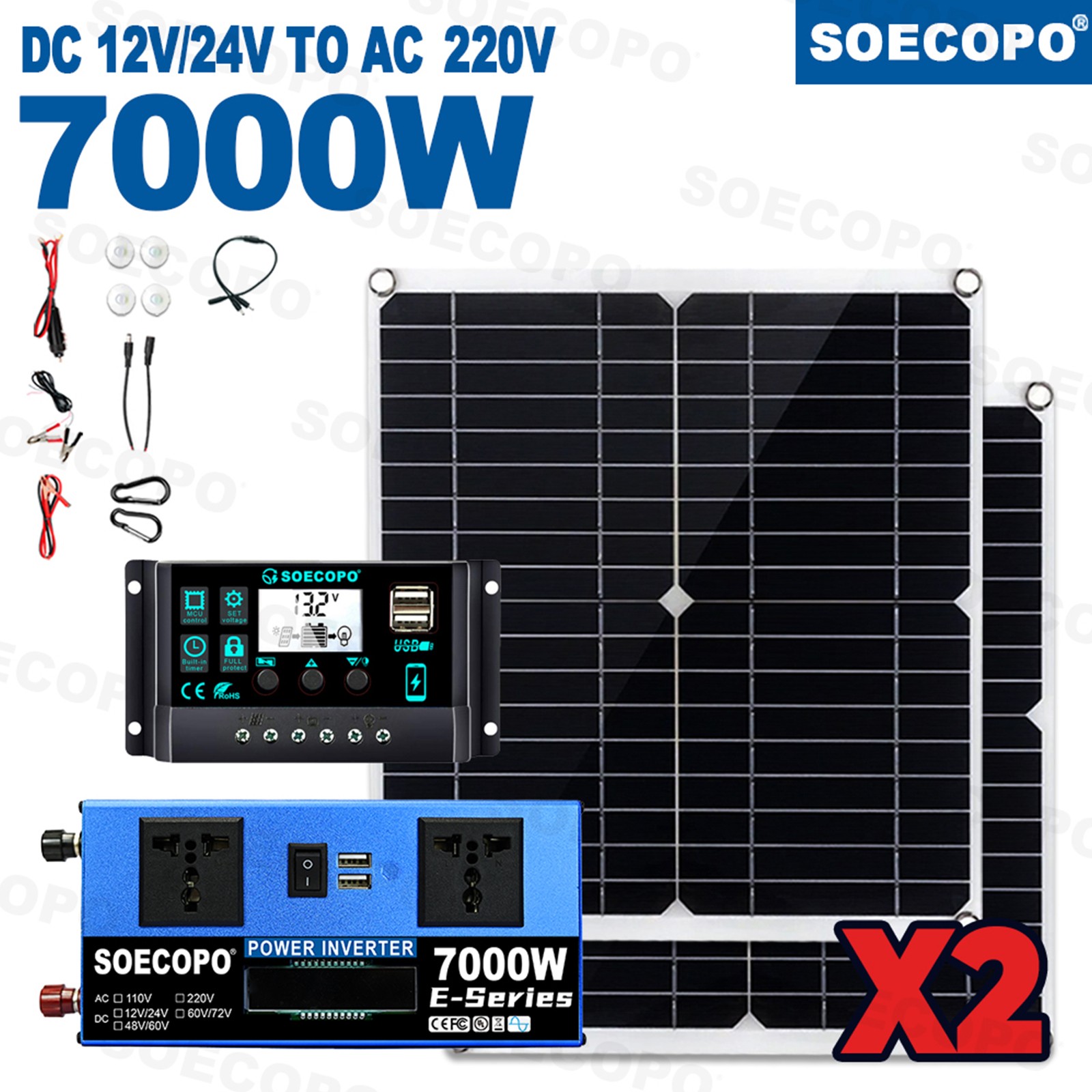 Powerful 7000W Solar Generator Kit | Inverter, 2pcs Solar Panels + Controller
