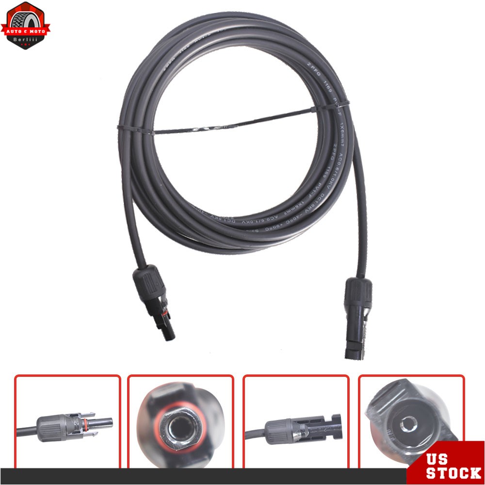 10 AWG 15 FT 1 Pair Black + Red Solar Panel Extension Cable Wire Connector
