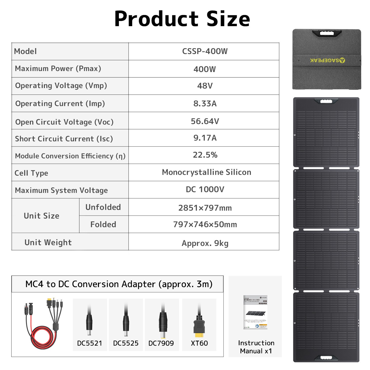 400W 48V Solar Panel Off-Grid High Efficiency Foldable for Power Station/Boat
