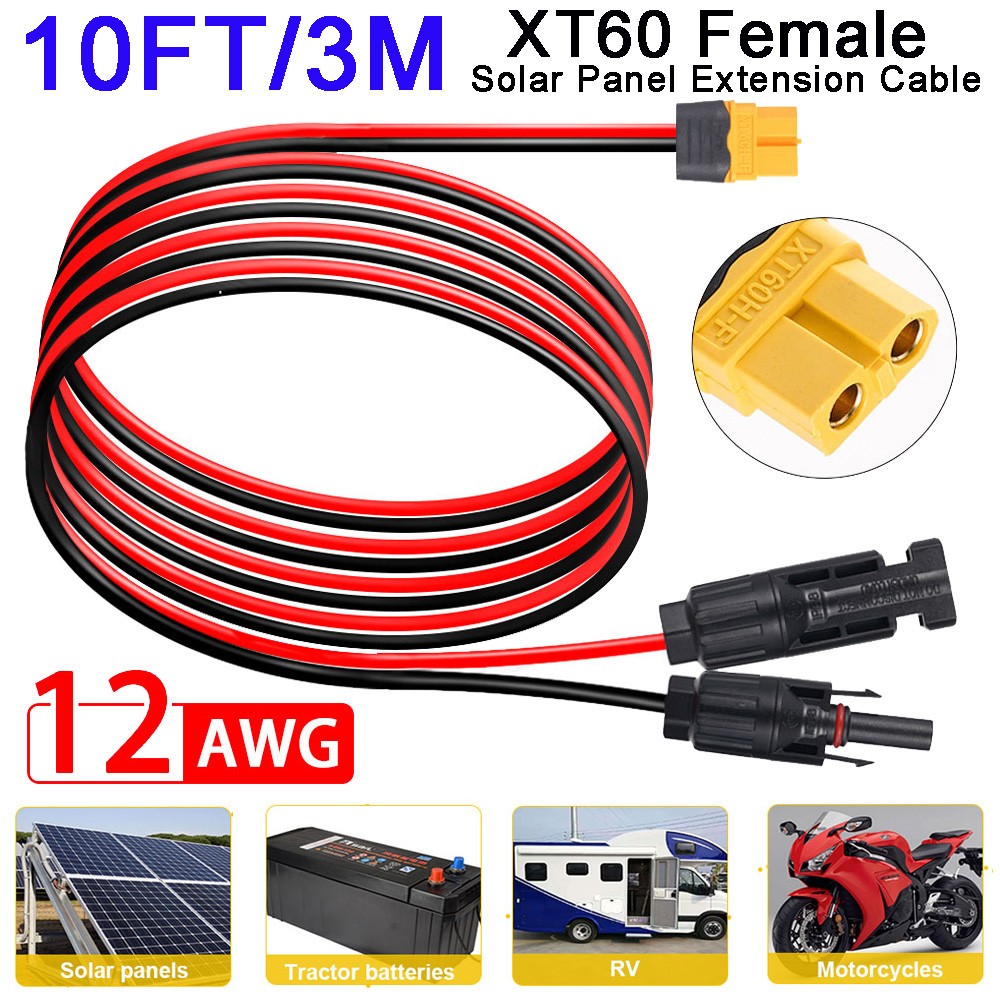 10ft Solar Panel Extension Cable 12AWG Solar Panel Connector to XT60 Connector