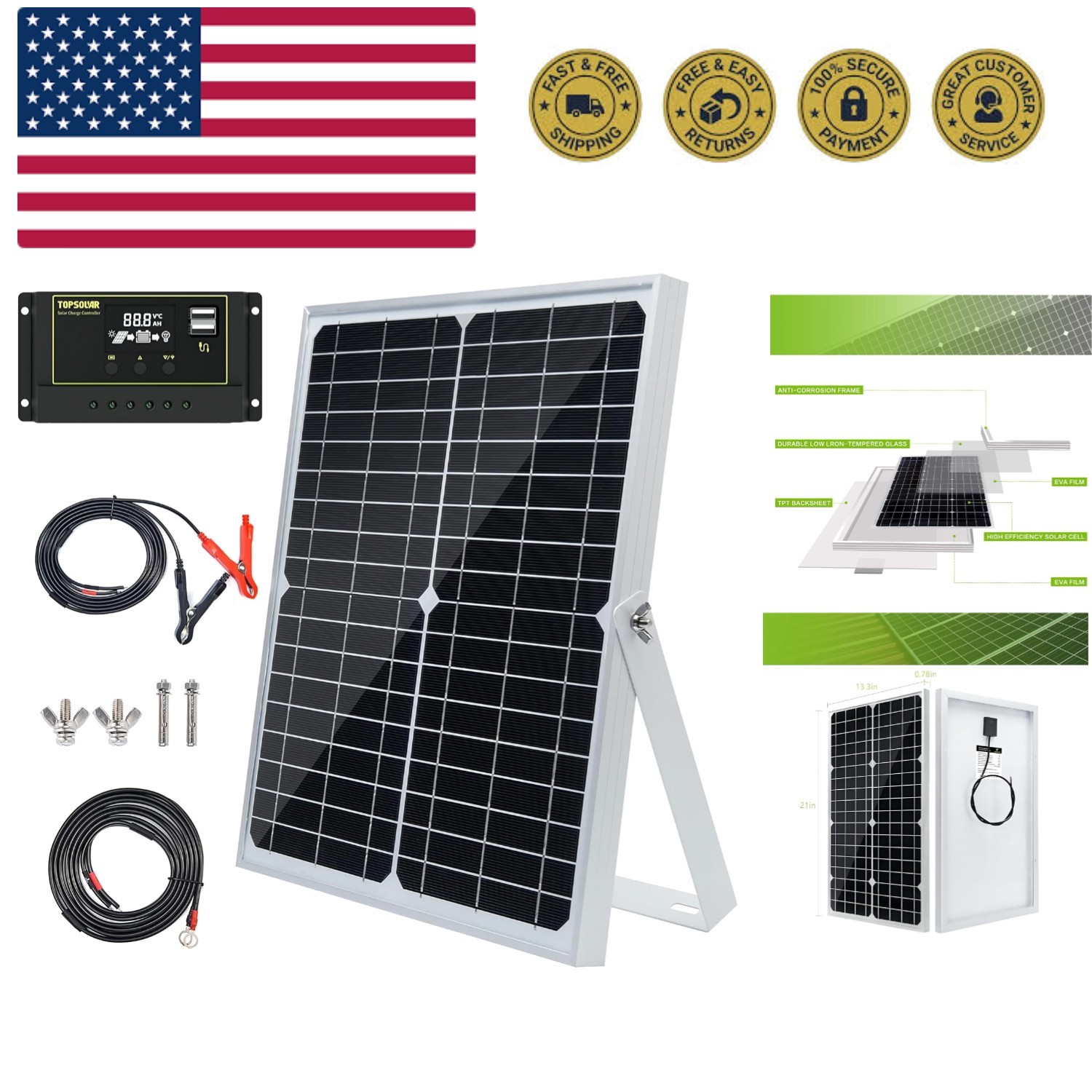 30W 12V/24V Solar Panel Kit, Monocrystalline Solar Battery Trickle Charger Ma…