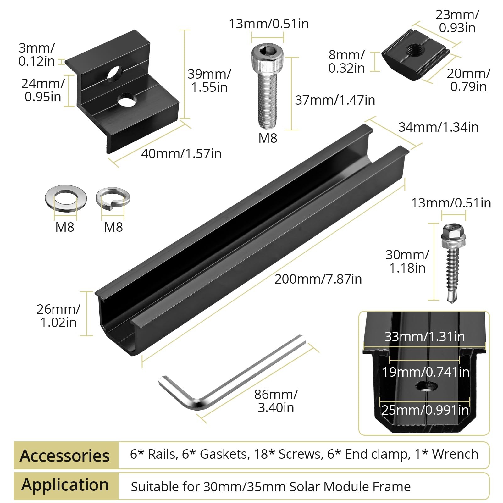 Solar Panel Bracket Kit, 6 Pcs 7.87 in Aluminium Solar Panel Mounting Rail 30…