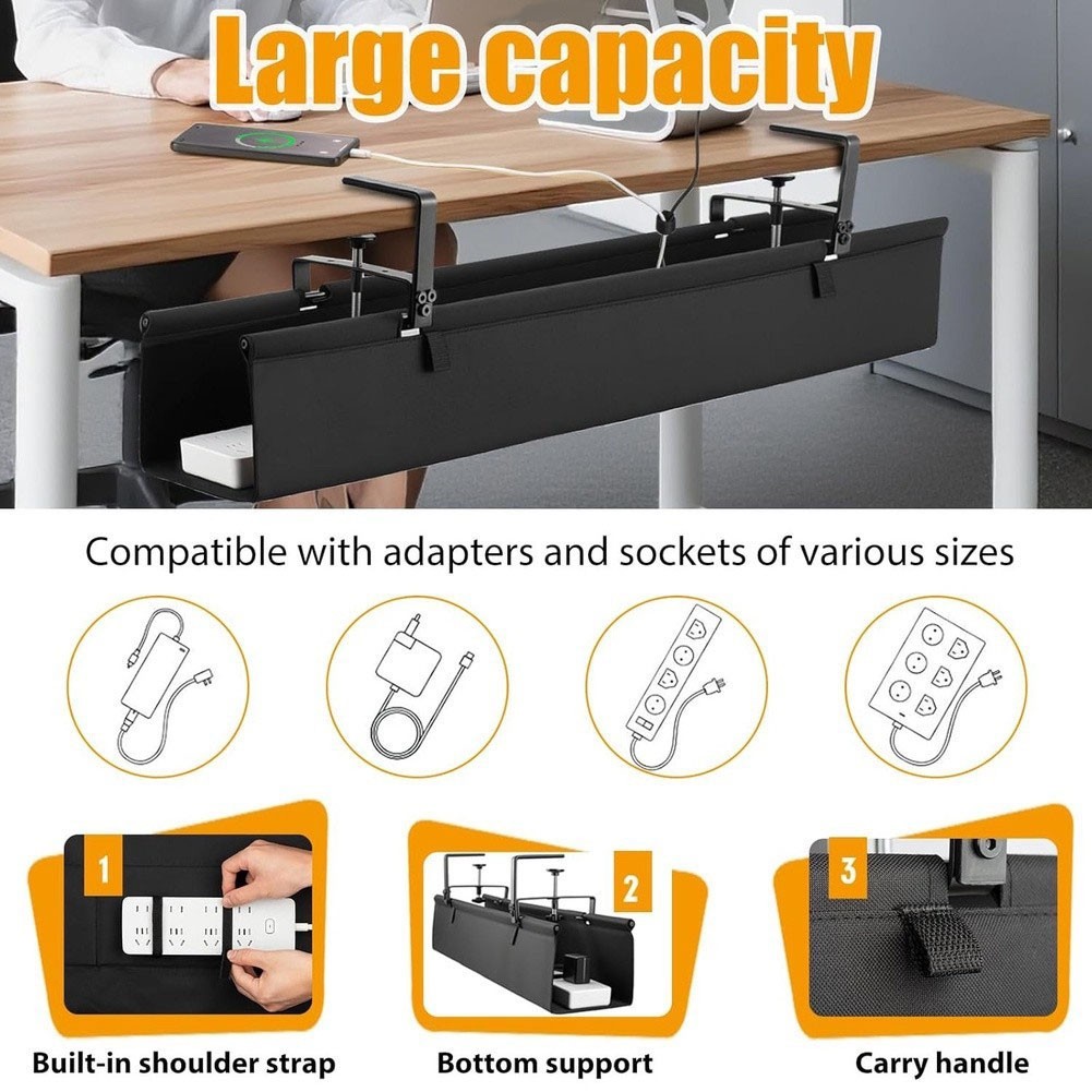 Under Desk Cable Organizer with Reinforced Construction 30x16x6cm Black