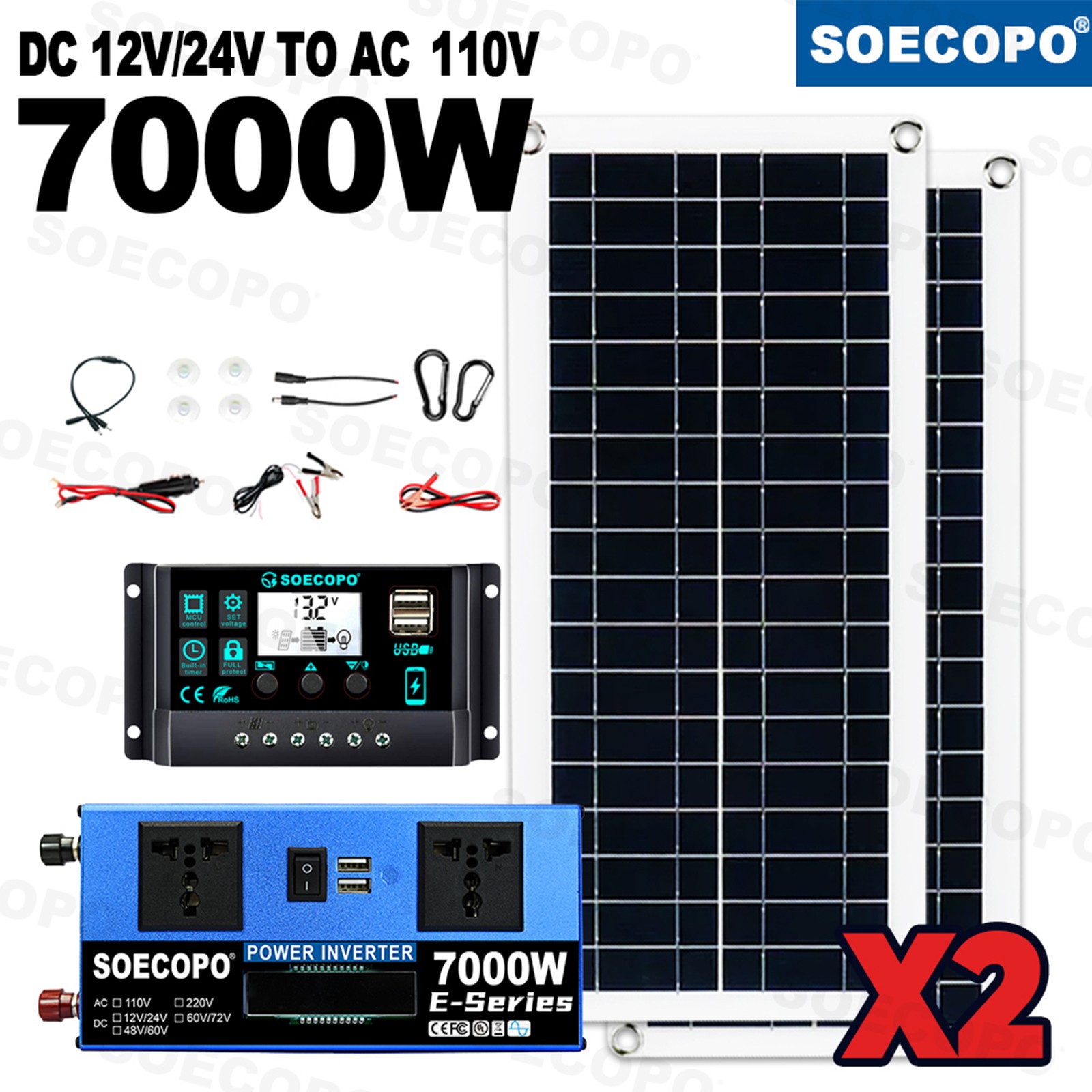 7000W Solar Energy Kit | Off-Grid Solution, 2pcs 200W Solar Panels, Controller