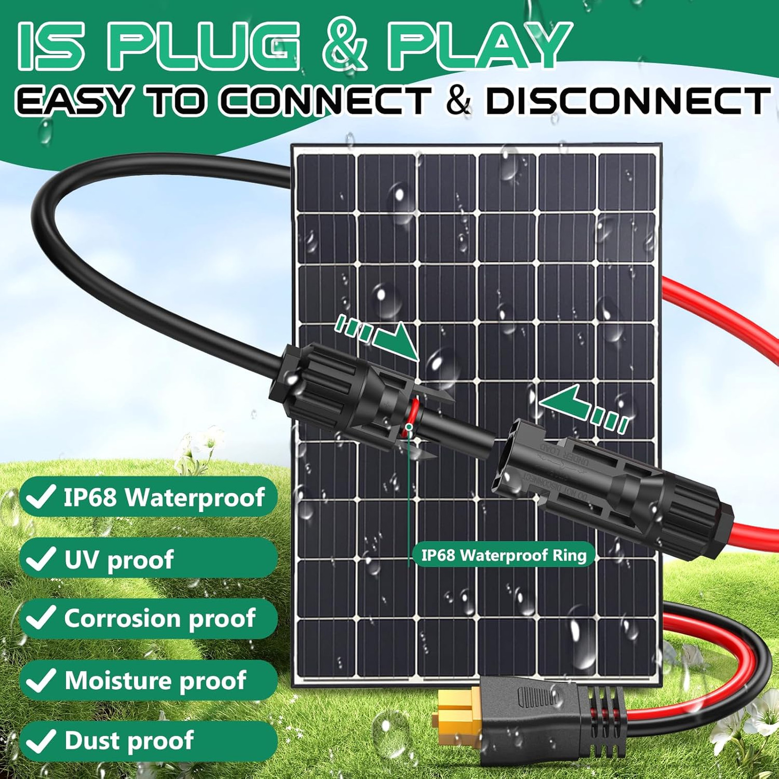12awg Solar Cable with XT60 Connector, 3FT to 50FT Extension, Waterproof IP68