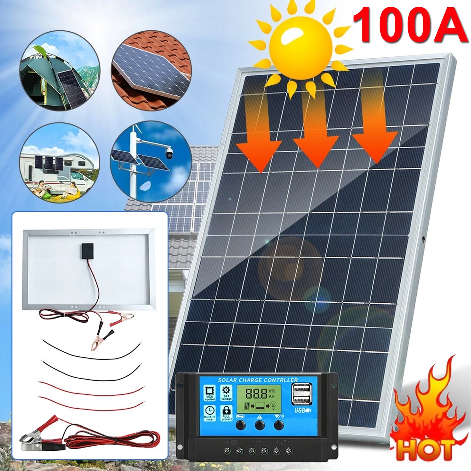 10W Solar Panel 12V Solar Battery Trickle Charger 100A W/ Controller Maintainer