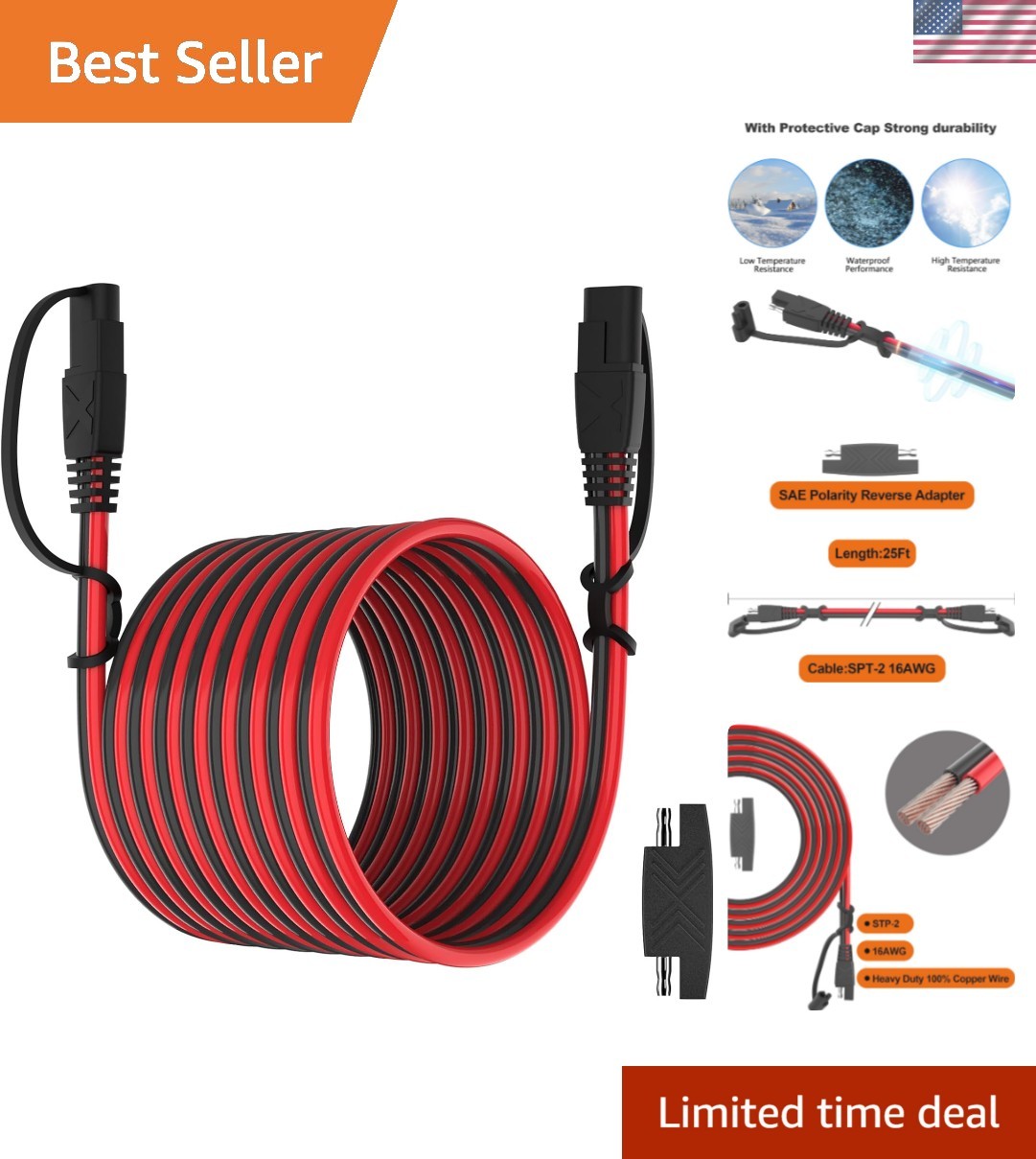 25FT SAE Extension Cable – Quick Disconnect Connector for Automotive & Solar Use