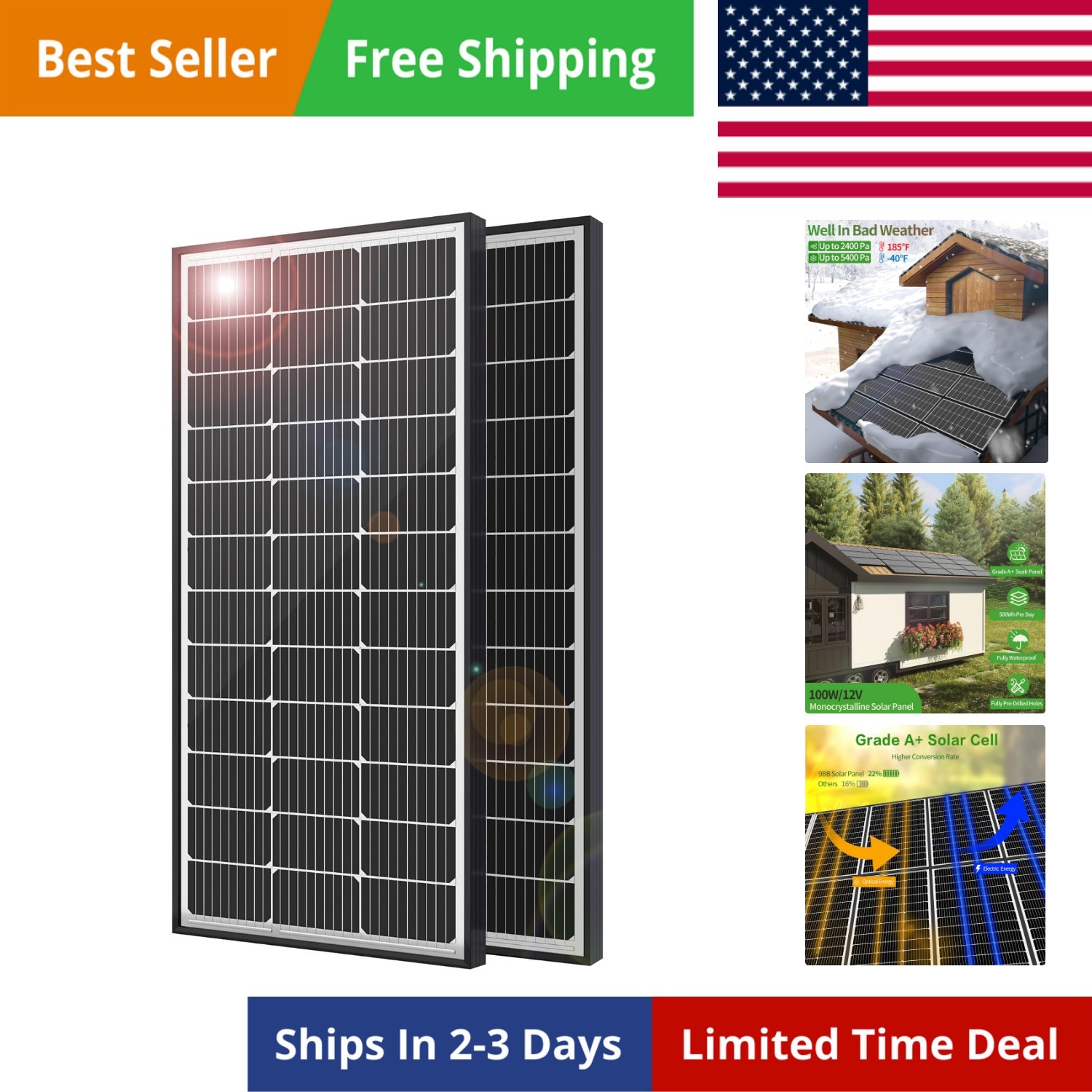 200 Watt Solar Panels, 10BB Monocrystalline 12V 2PCS 100W Solar Panel, 23% Hi…