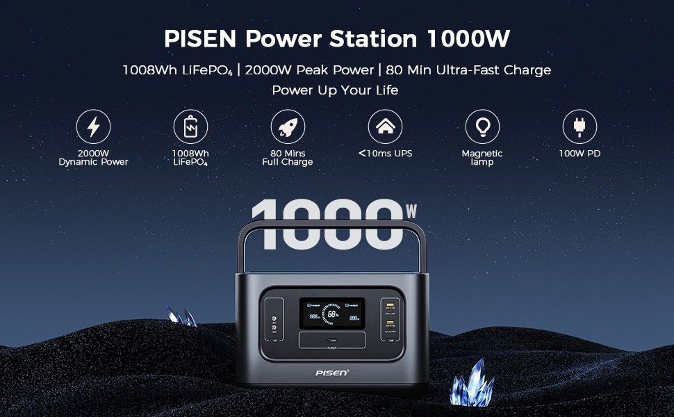 PISEN 1000W Portable Power Station 1008Wh LiFePO4 Battery Backup