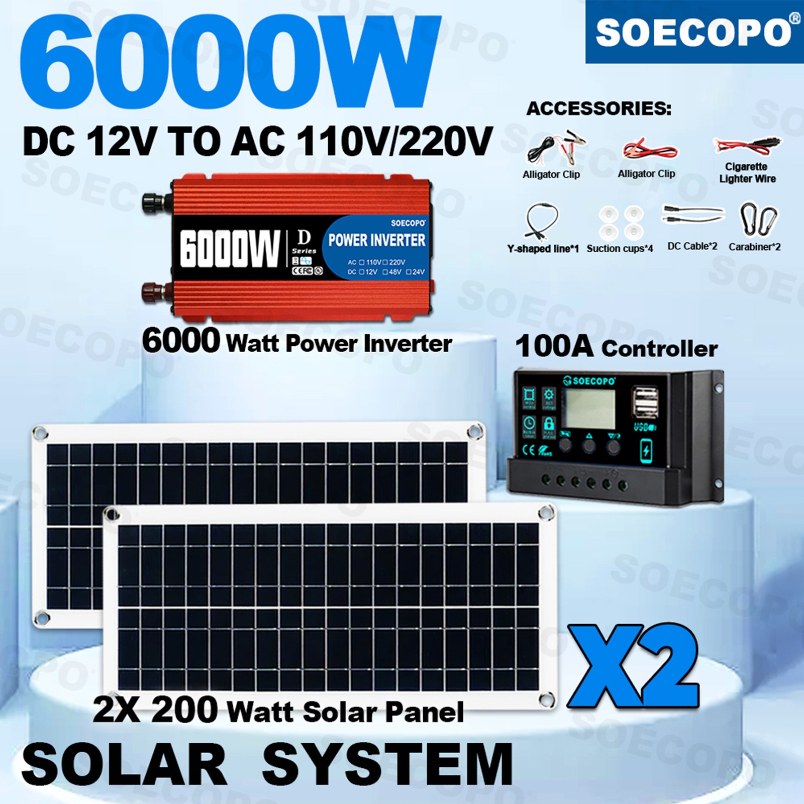 Ultimate 6000W Solar Power Bundle: Inverter DC 12V – AC 110V/220V+ 2pcs Solar
