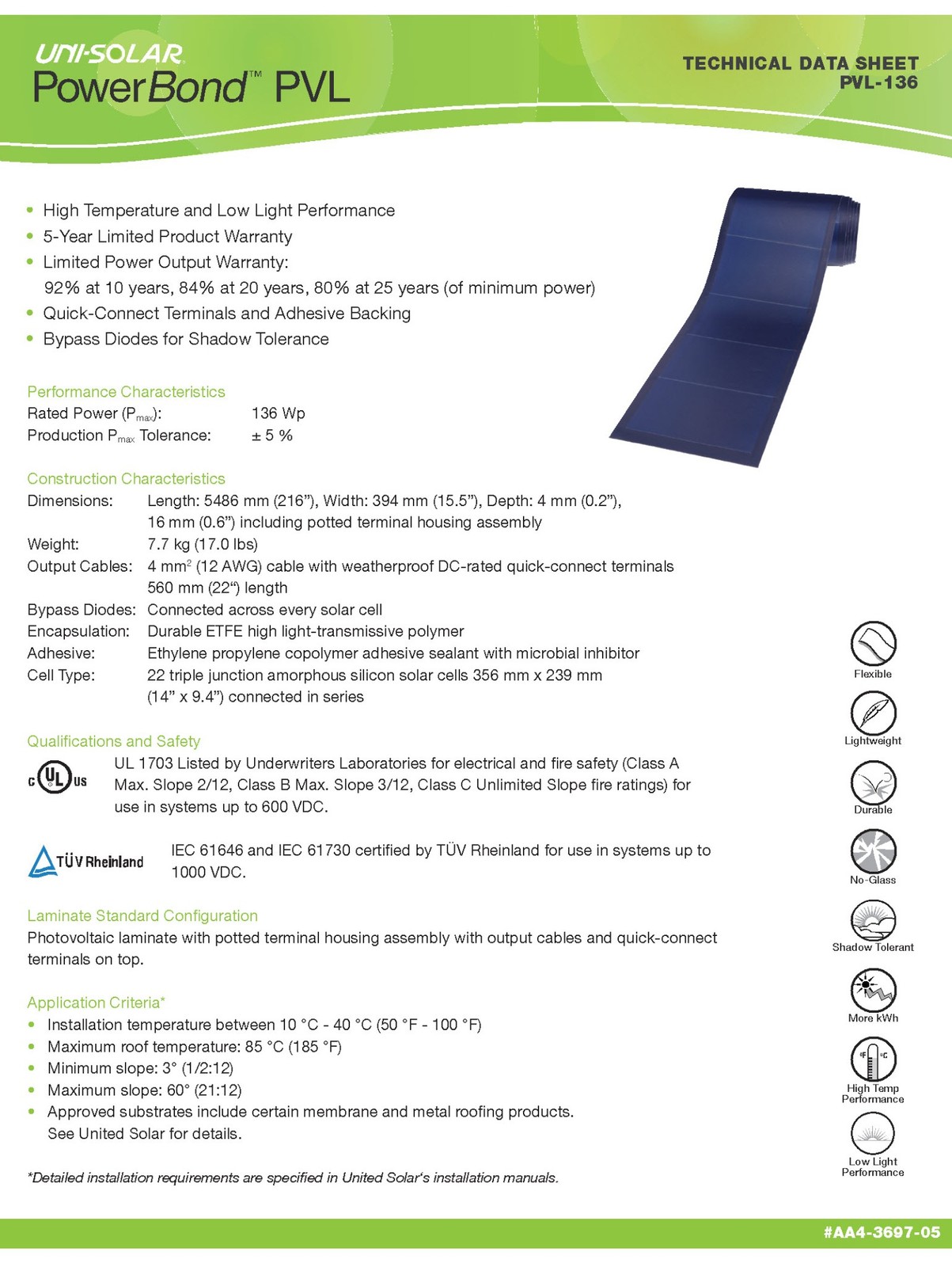 Uni-Solar PVL-136 136 Watt 24V Triple Junction Flexible Solar Panel w/ 4″ Wires