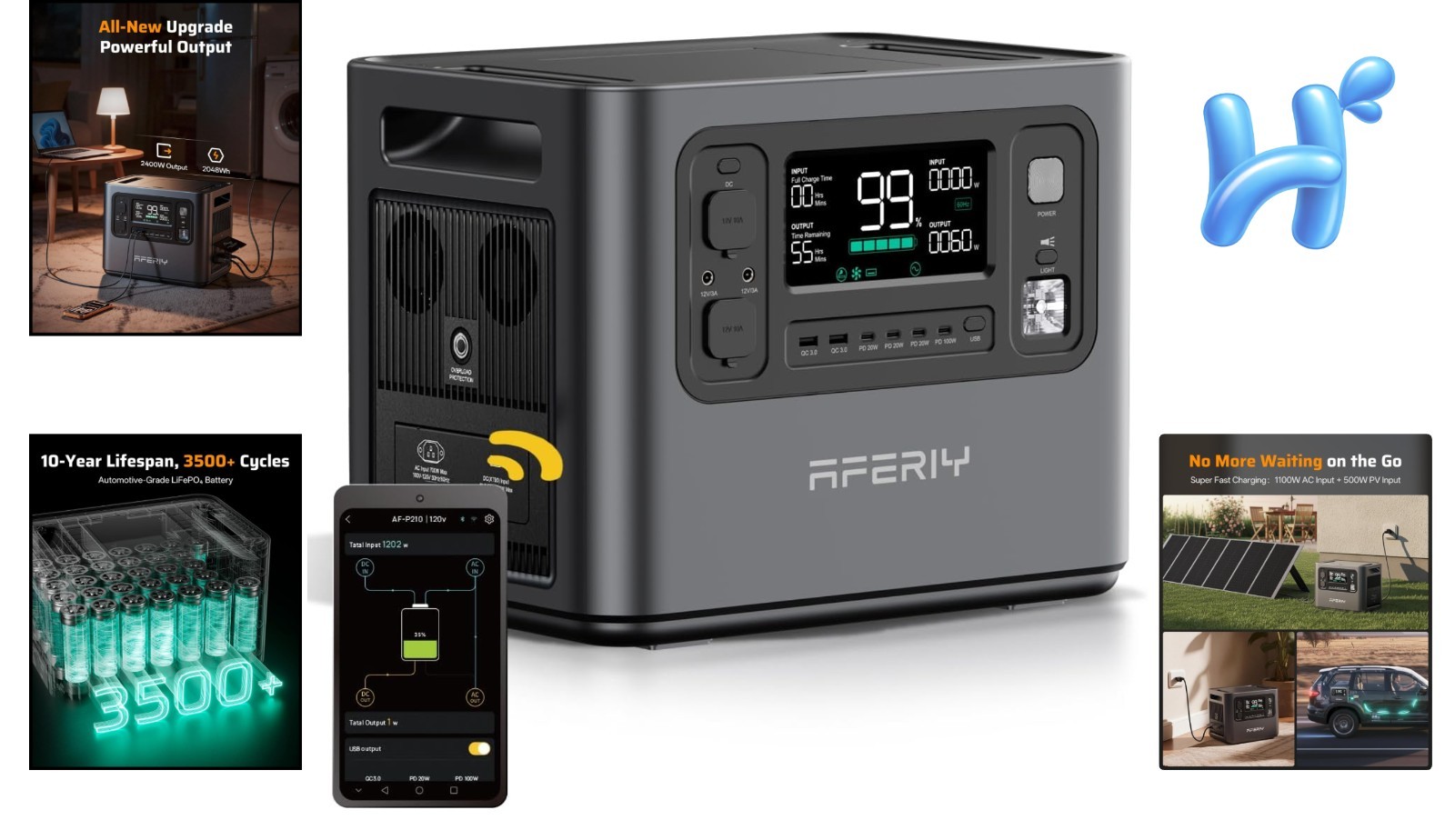 2048Wh Portable Power Station – 2400W Peak Backup Generator for Home & Camping