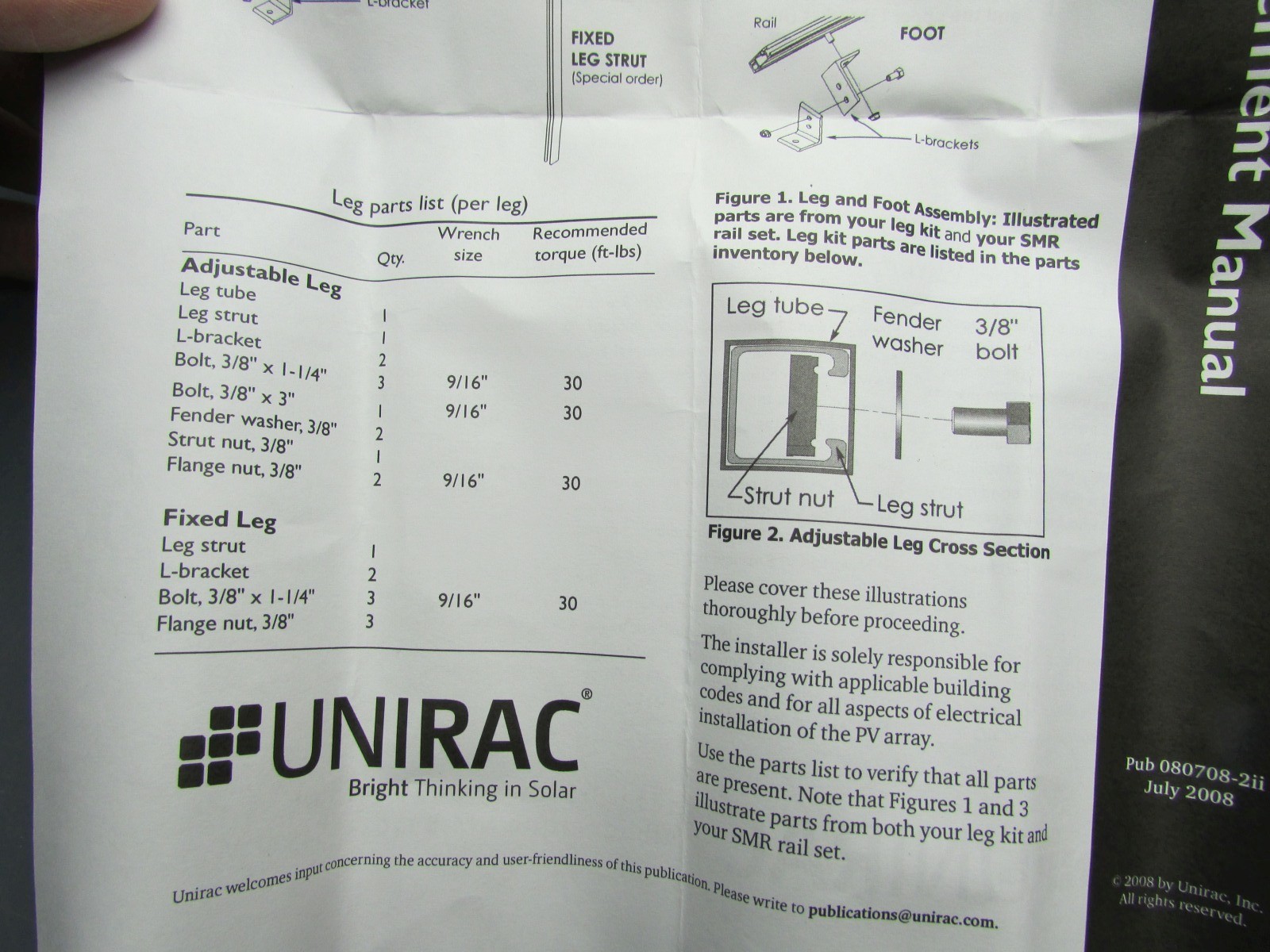 Unirac Solar Panel Mount Low Profile 12″ Adjustable Tilt Leg for SolarMount Rail