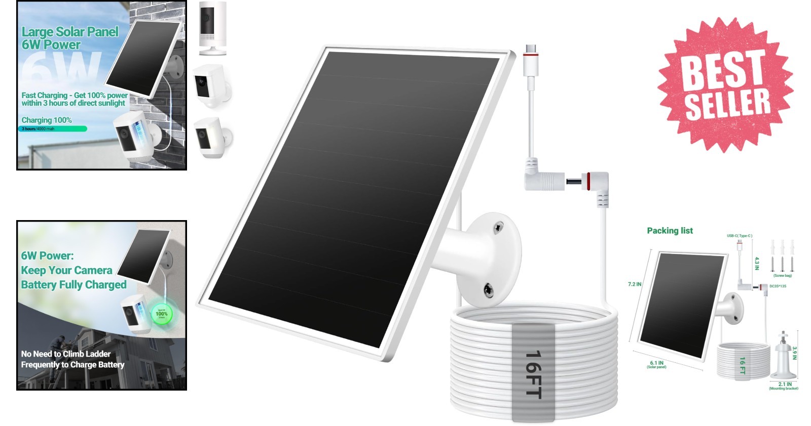 Solar Panel for Ring Camera, 6W Solar Charger with USB-C & Barrel Plug for Ri…
