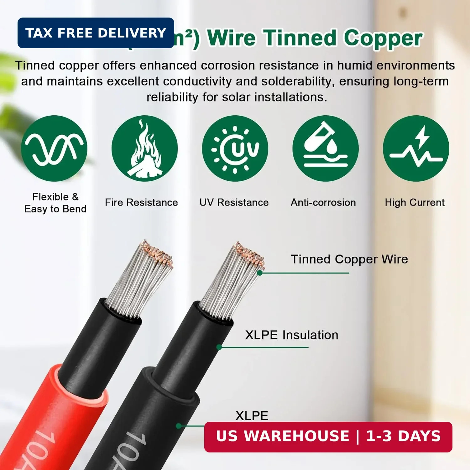 Solar Panel Wire 10 AWG(6mm²) – Solar Extension Cable 100Ft Black & 100Ft Red 10