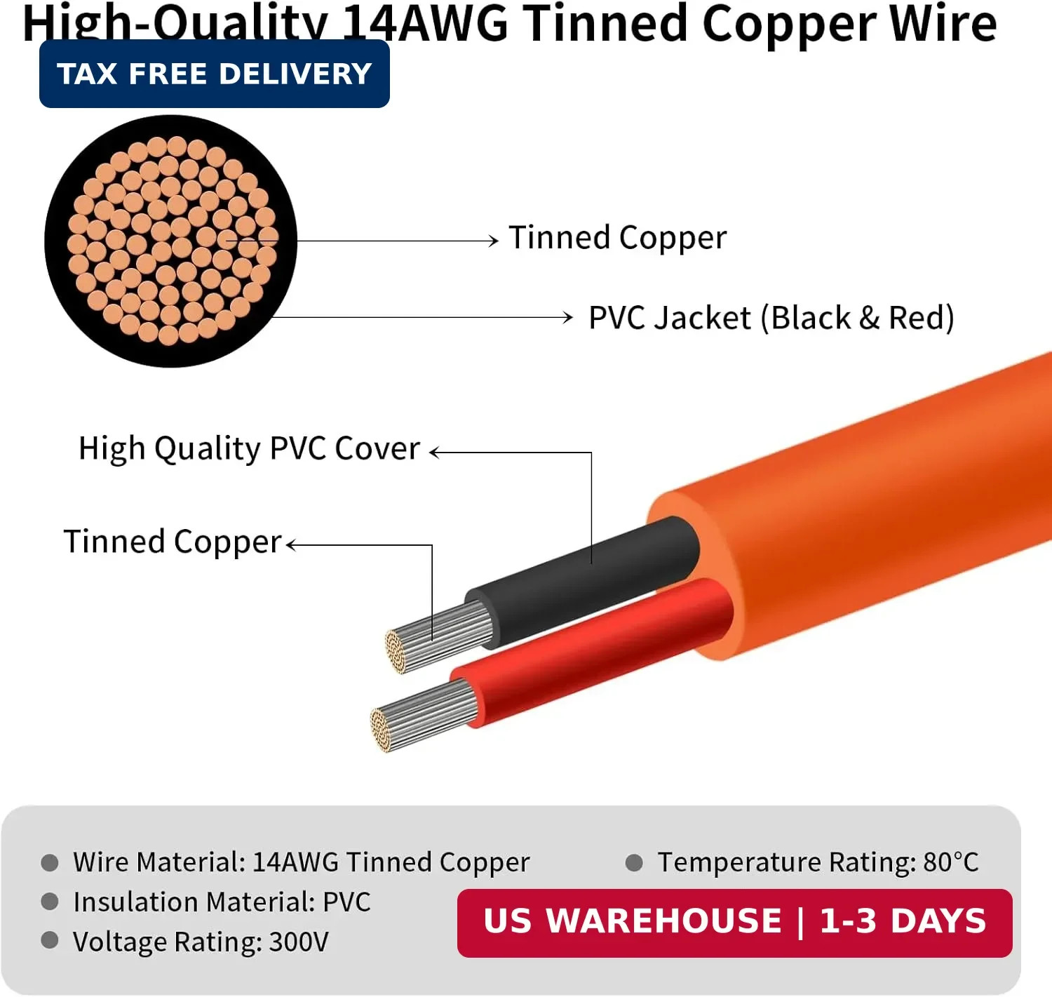 Solar Connector to DC 8mm Adapter Cable 25FT, 12AWG + 14AWG Tinned Copper Wire w