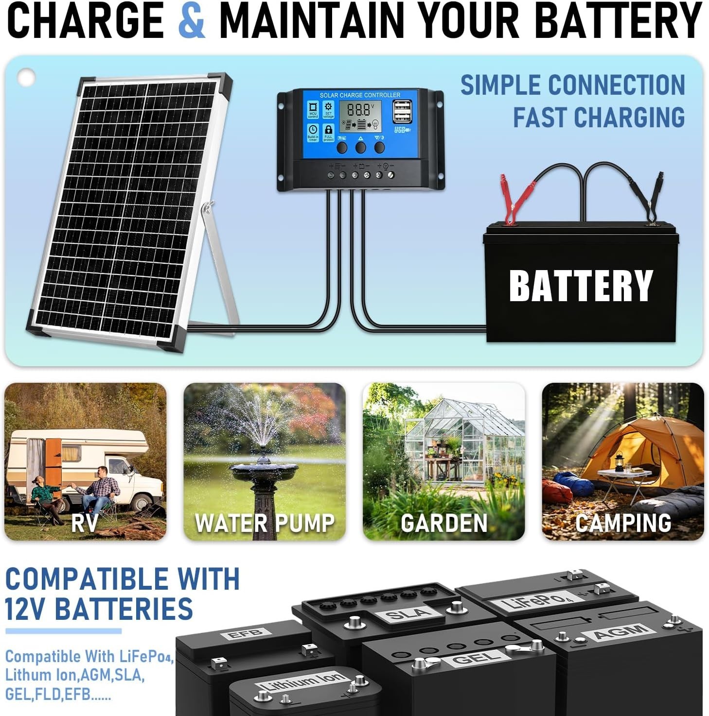 12V Solar Battery Charger 30W Solar Panel Kit | with 10A PWM Charge Controlle…