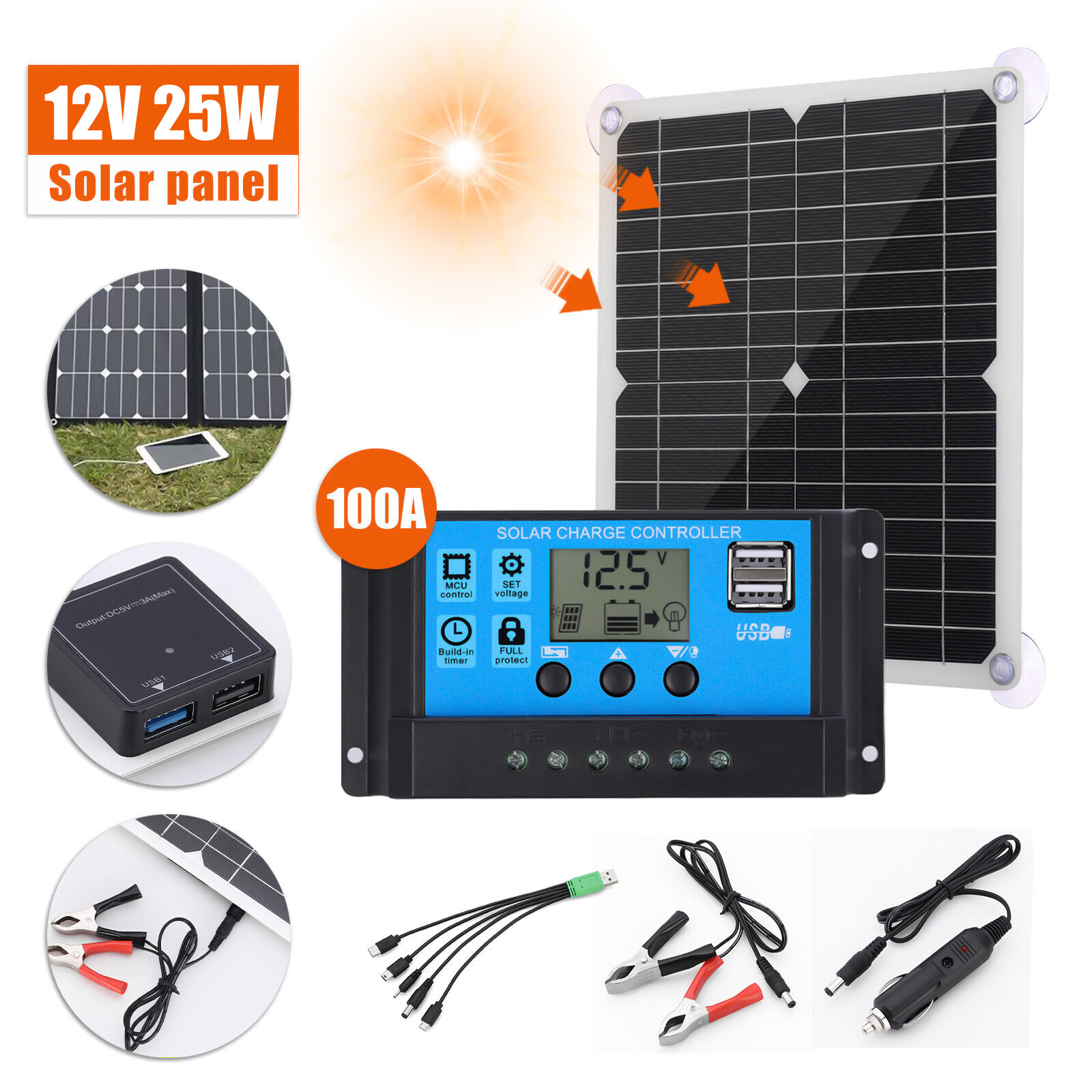 200W Solar Panel Kit with 100A 12V Battery Charger Controller Caravan Boat Car