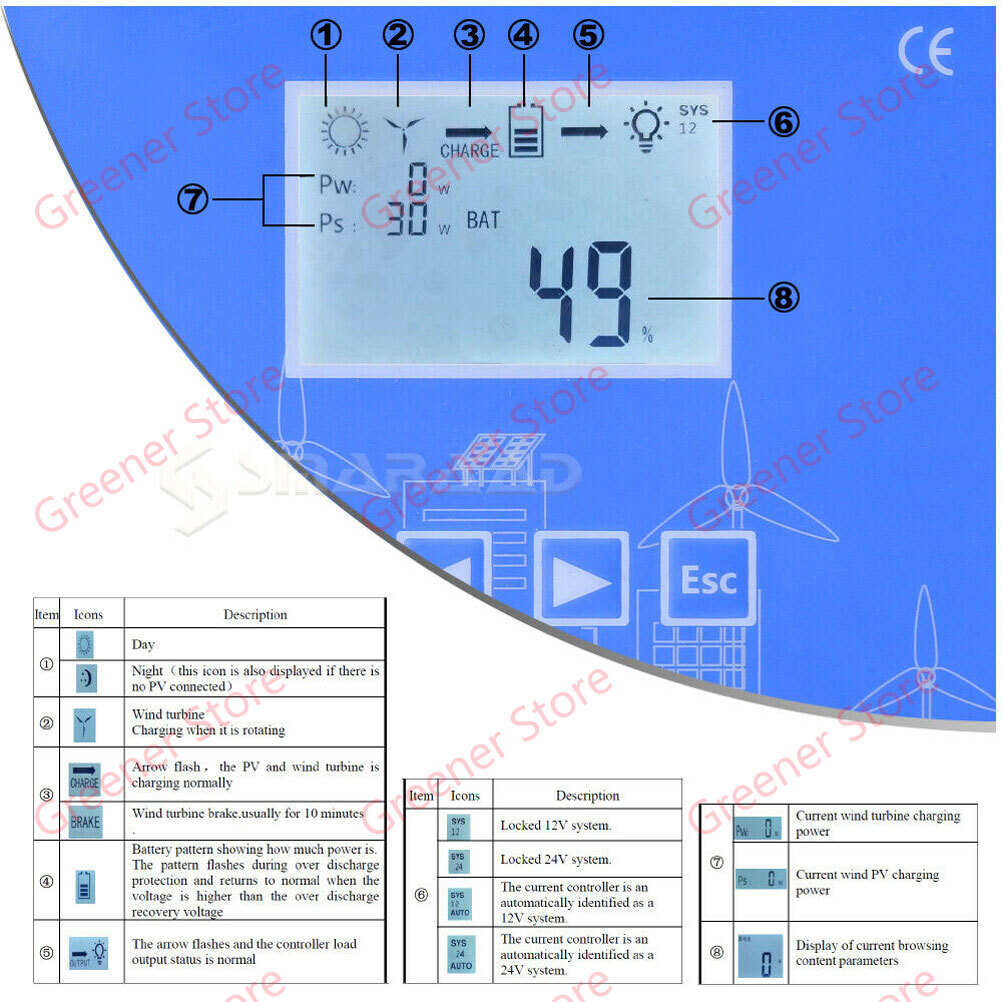2000W Solar Wind Hybrid MPPT LCD Charge Controller 12V 24V 48V App Bluetooth US