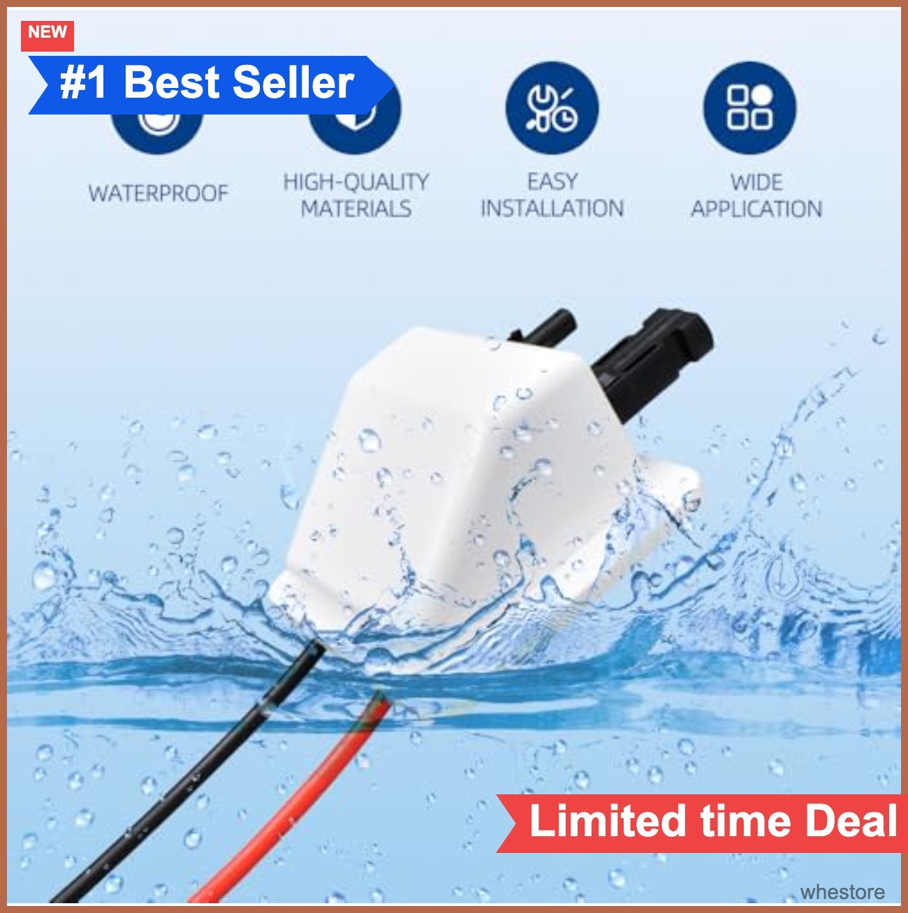 Solar Dual Cable Entry Housing IP68 UV Resistant 10AWG 3.28ft for RV Boat Solar