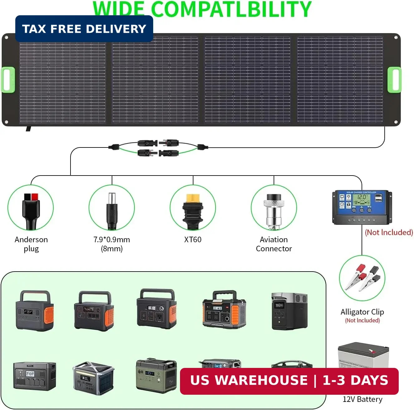 200W Portable Solar Panel Charger with 4 Kickstands, IP65 Waterproof Foldable So