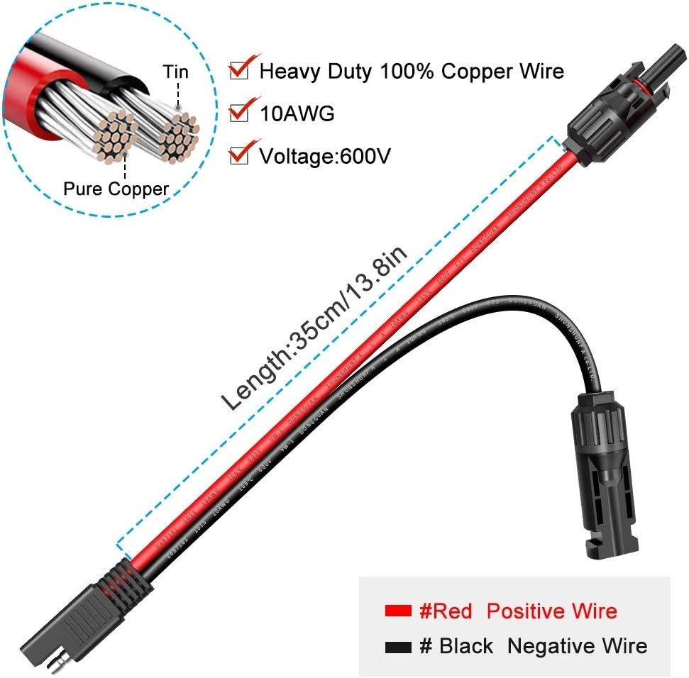 Weatherproof 10AWG SAE Solar Panel Connector Cable with Polarity Reverse Adapter