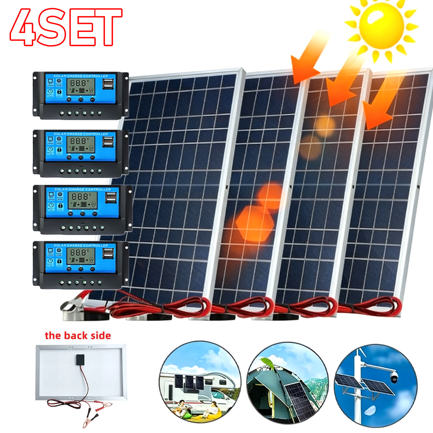 4PCS Solar Panel 12V Solar Battery Trickle Charger 100A W/ Controller Maintainer