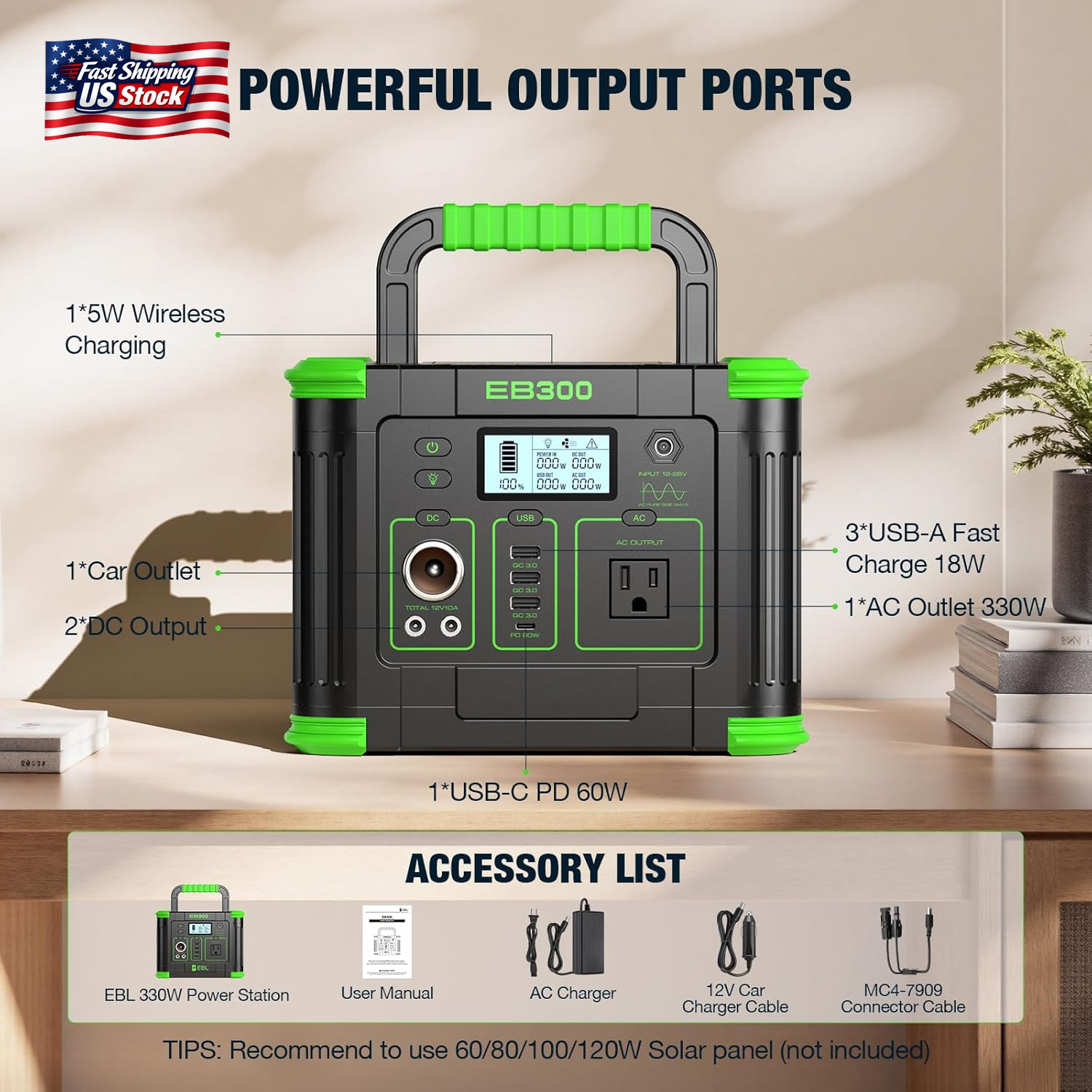 Portable Power Station 330W, GRECELL 288.6Wh Solar Generator with 60W USB-C PD O