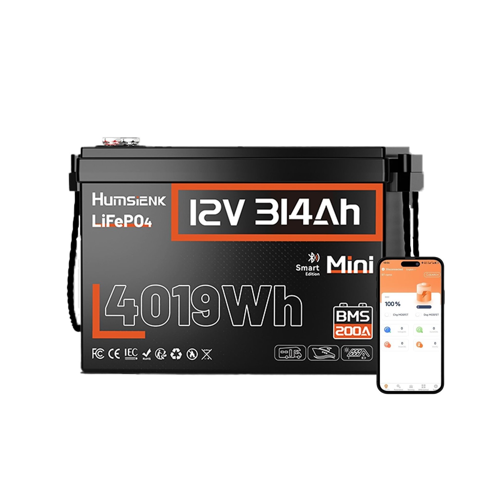 HumsiENK 12V 300Ah (314Ah) LiFePO4 Lithium Battery Mini Size, Bluetooth 200A …